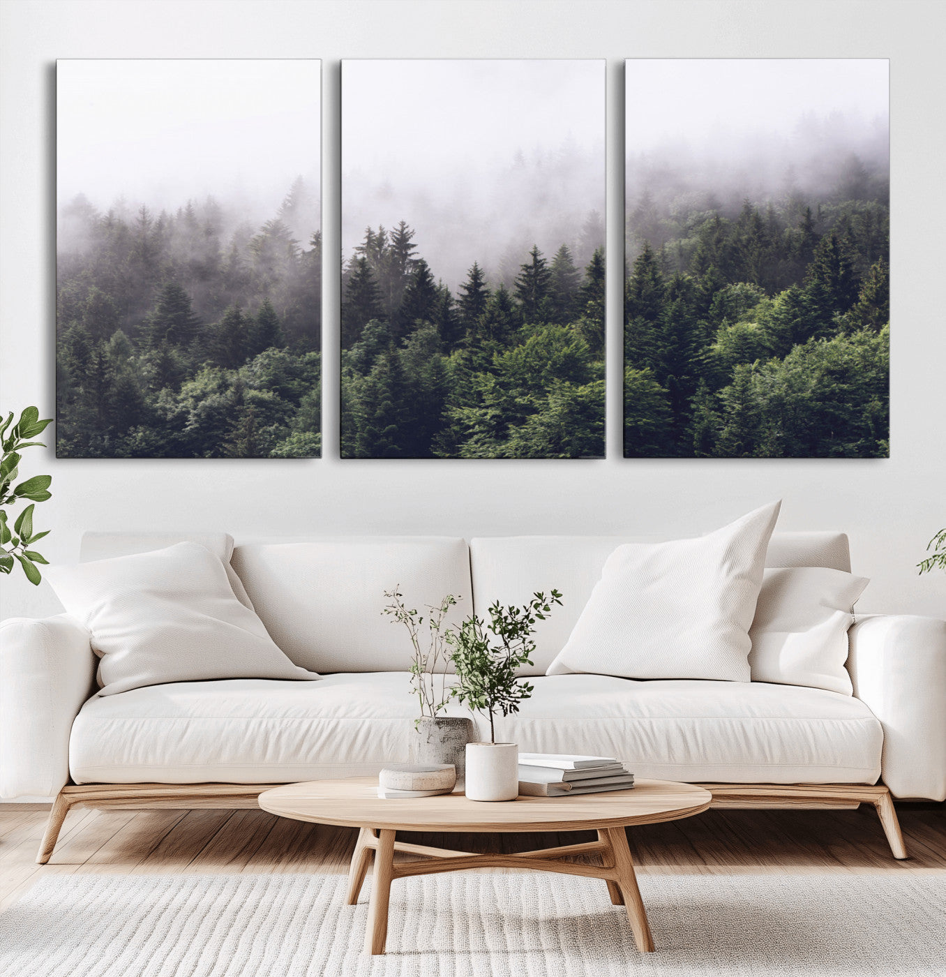 42578900-MGV-CV-60X30-3P-Misty Forest Wall Art – Serene Mountain Pine Tree Canvas Print, Nature Landscape Decor for Bedroom, Living Room, Office or Rustic
