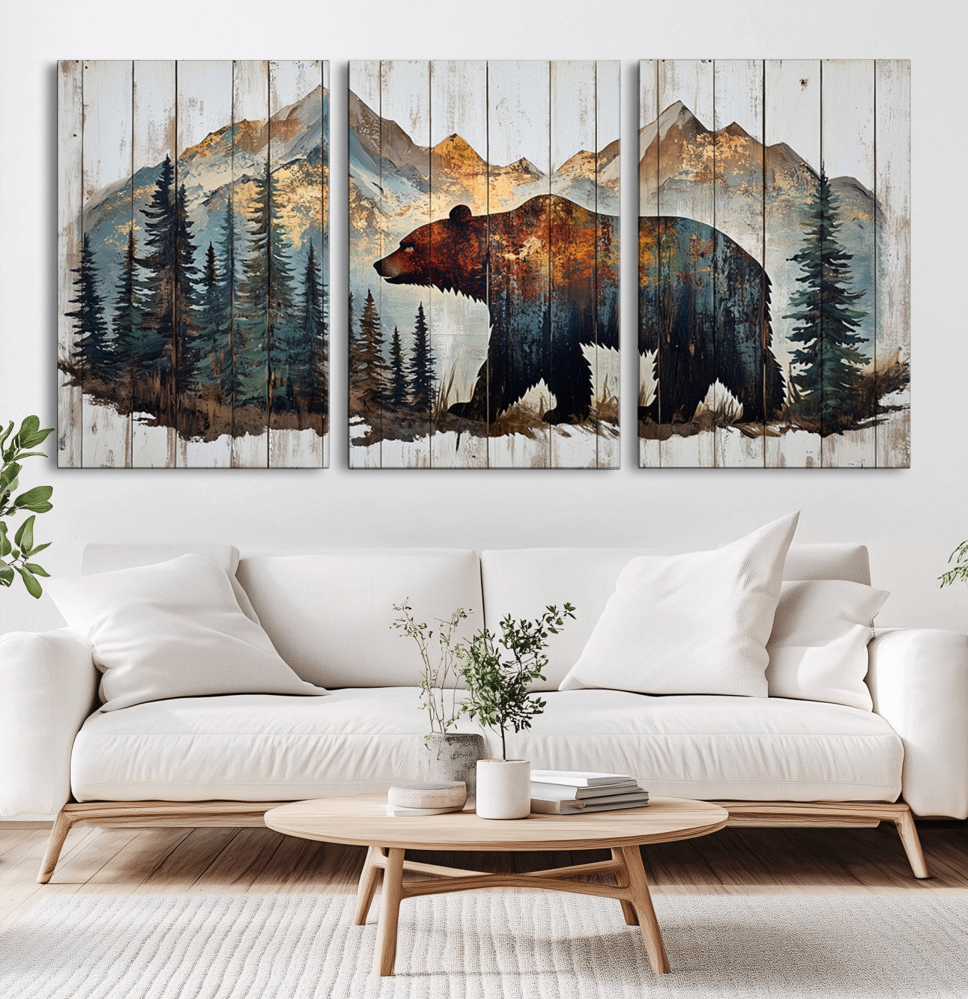 55777-MGV-CV-60X30-3P-Rustic Bear Wall Art Canvas Print, Framed Mountain and Forest Art Picture Print, Wooden Bear Perfect Rustic Lodge Decor Artwork