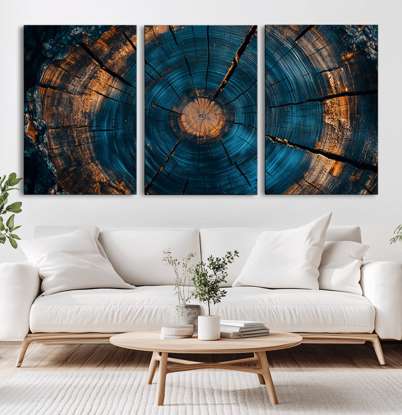 65231-MGV-CV-36X24-Blue and Gold Tree Ring Wall Art – Rustic Abstract Wood Slice Canvas Print, Modern Nature Inspired Artwork for Living Room,