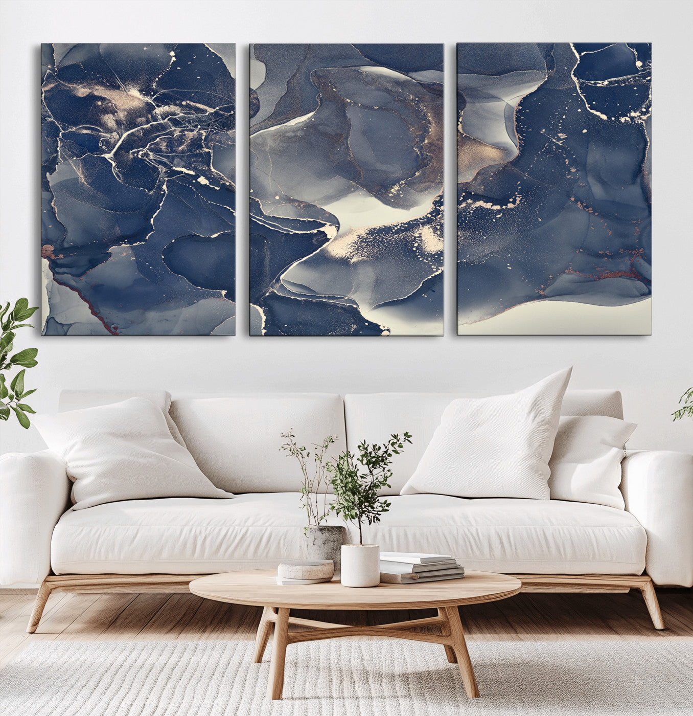 28282-MGV-CV-36X24-Blue Abstract Wall Art – Modern Ink Swirl Canvas Print, Contemporary Navy and Gold Painting for Living Room, Bedroom, Office or