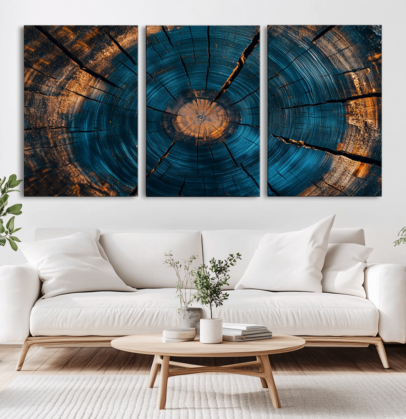 13398-MGV-CV-36X24-Tree Ring Wall Art – Abstract Wood Grain Canvas Print with Blue and Orange Accents, Rustic Nature Inspired Artwork for Living