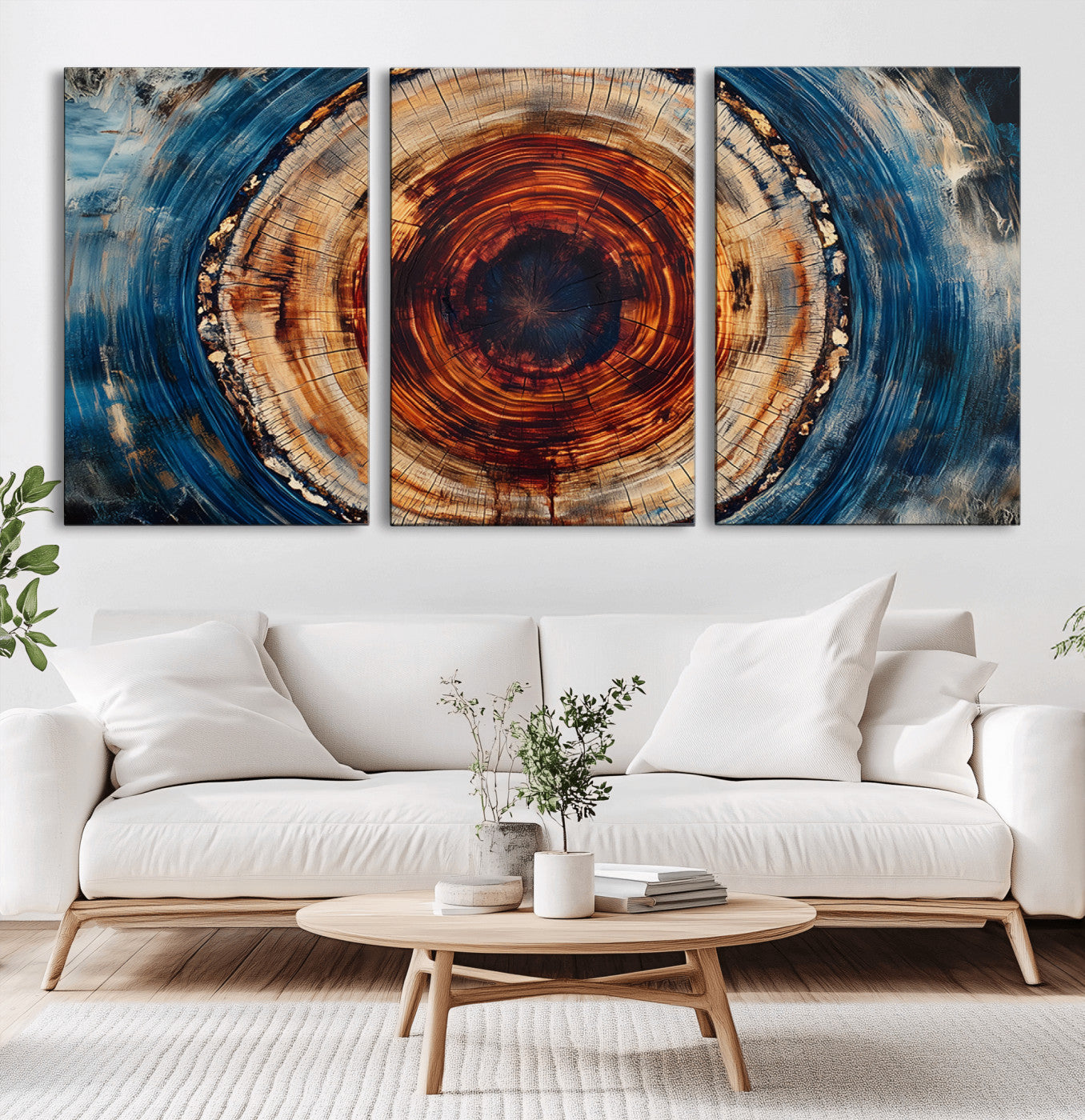 90395-MGV-CV-36X24-Tree Ring Wall Art – Abstract Wood Grain Canvas Print with Fiery Red and Blue Tones, Bold Rustic Nature Inspired Artwork Decor for