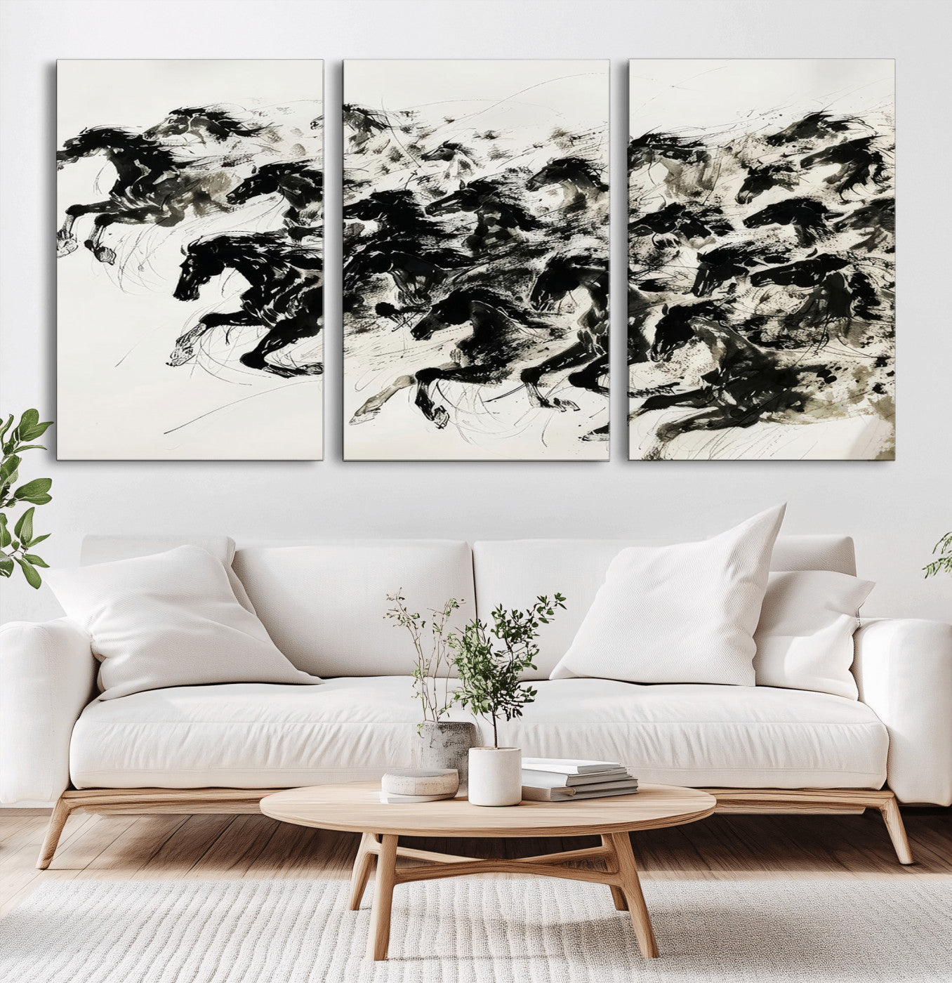 23069-MGV-CV-36X24-Galloping Horses Wall Art – Black Ink Painting on Canvas, Dynamic Equestrian Artwork with Running Stallions, Expressive Modern