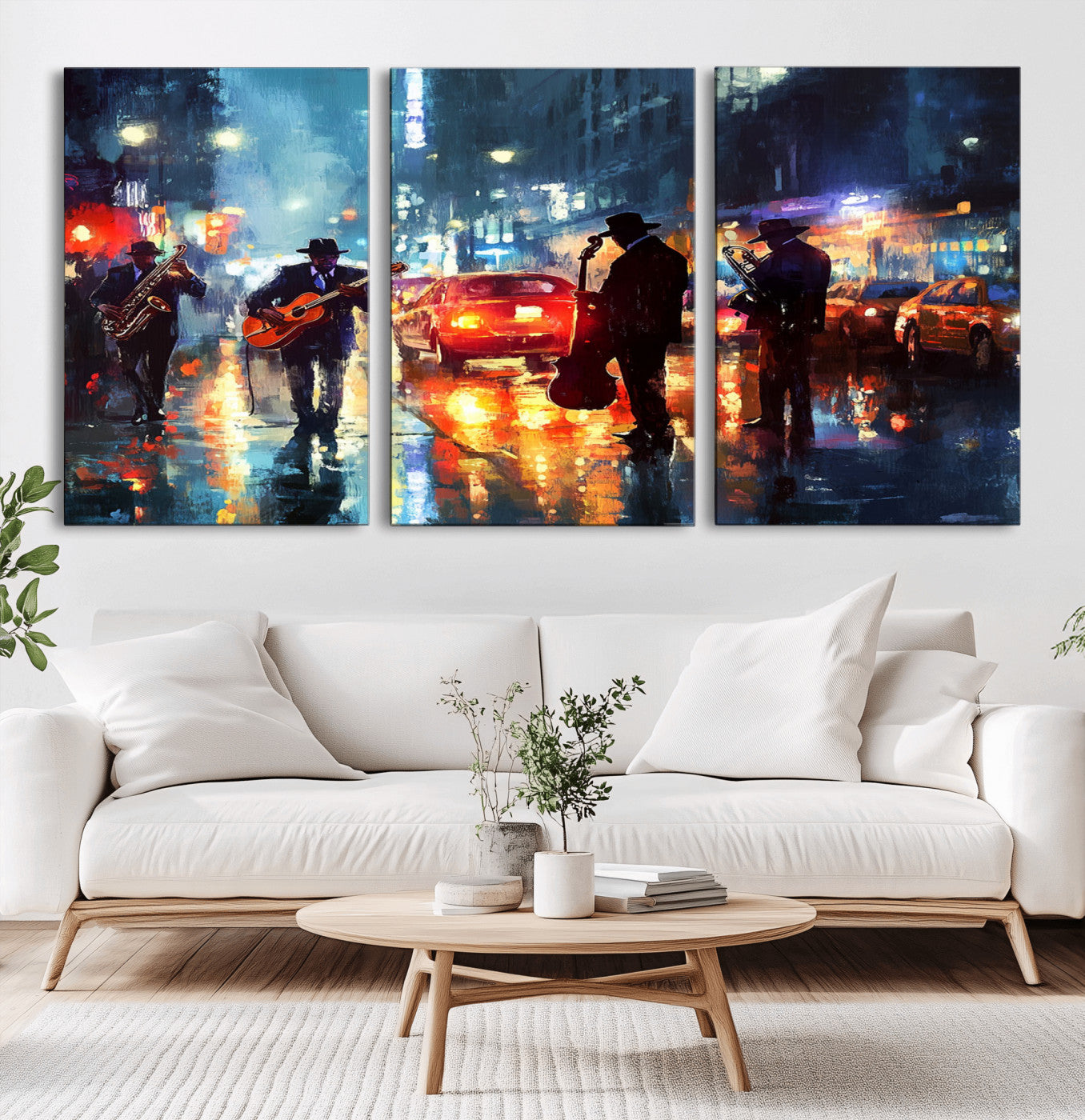 94605-MGV-CV-36X24-City Jazz Night Wall Art – Vibrant Music Canvas Print Featuring Saxophone, Guitar and Bass Players, Urban Street Scene Artwork for