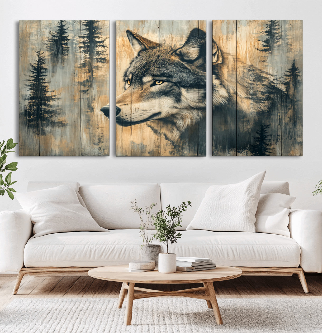 51892-MGV-CV-36X24-Wolf Wall Art – Rustic Canvas Print of Wolf with Forest Trees on Wood Texture, Wildlife Lodge Artwork for Living Room, Bedroom,