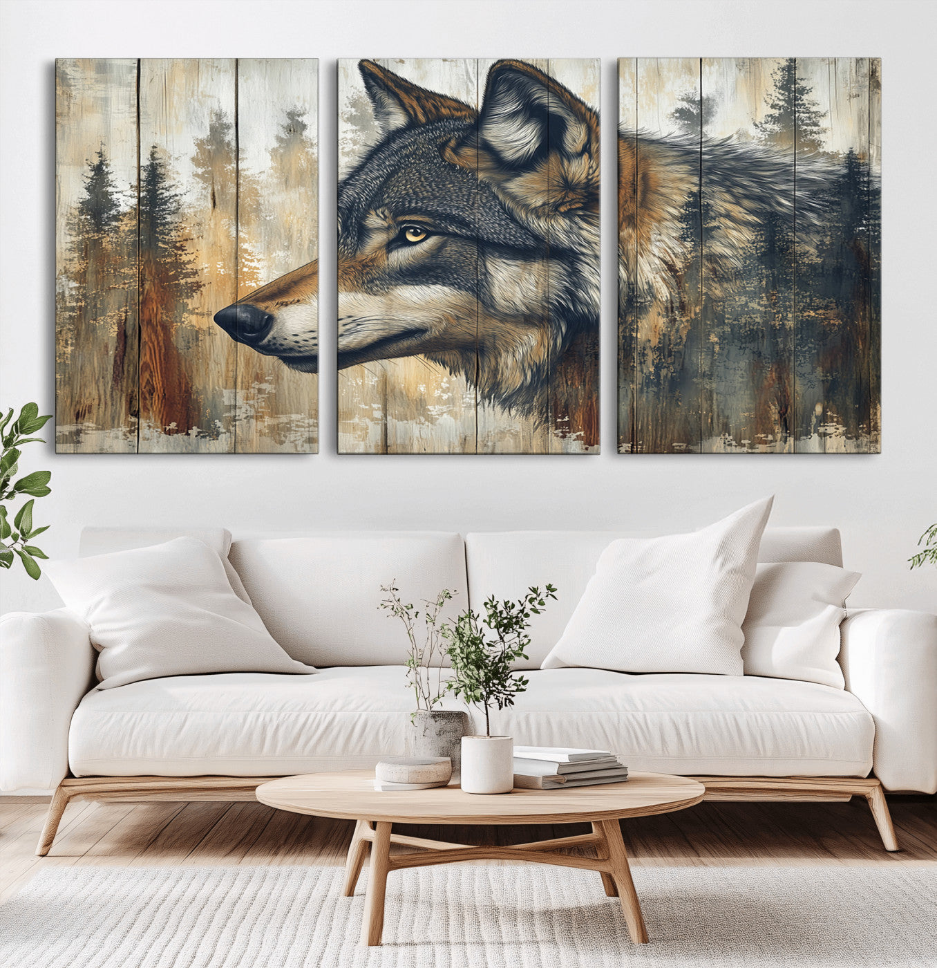 91882-MGV-CV-36X24-Wolf Wall Art – Rustic Canvas Print of Forest Wolf on Wood Background, Wildlife Lodge Artwork for Living Room, Bedroom, Cabin, or