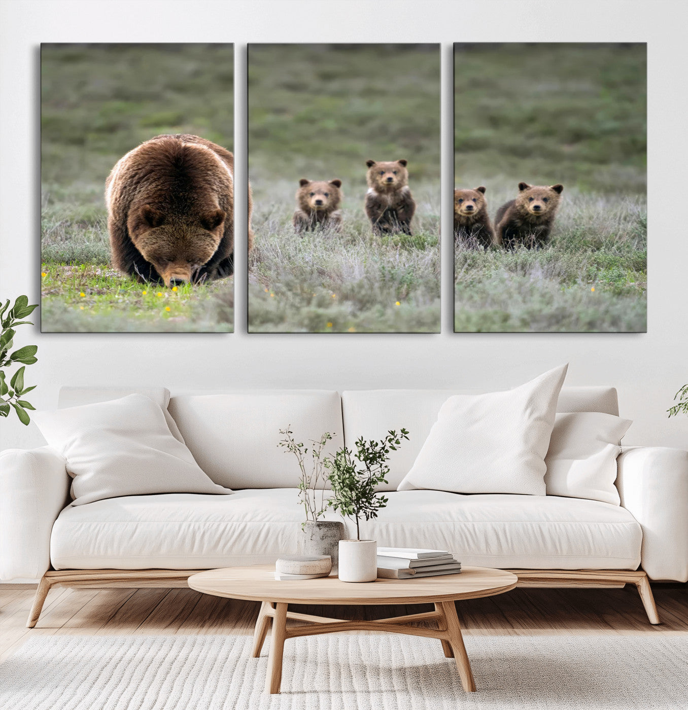 40555-MGV-CV-36X24-Bear Family Wall Art – Wildlife Canvas Print of Mother Bear with Four Cubs in Nature, Rustic Animal Artwork for Living Room,