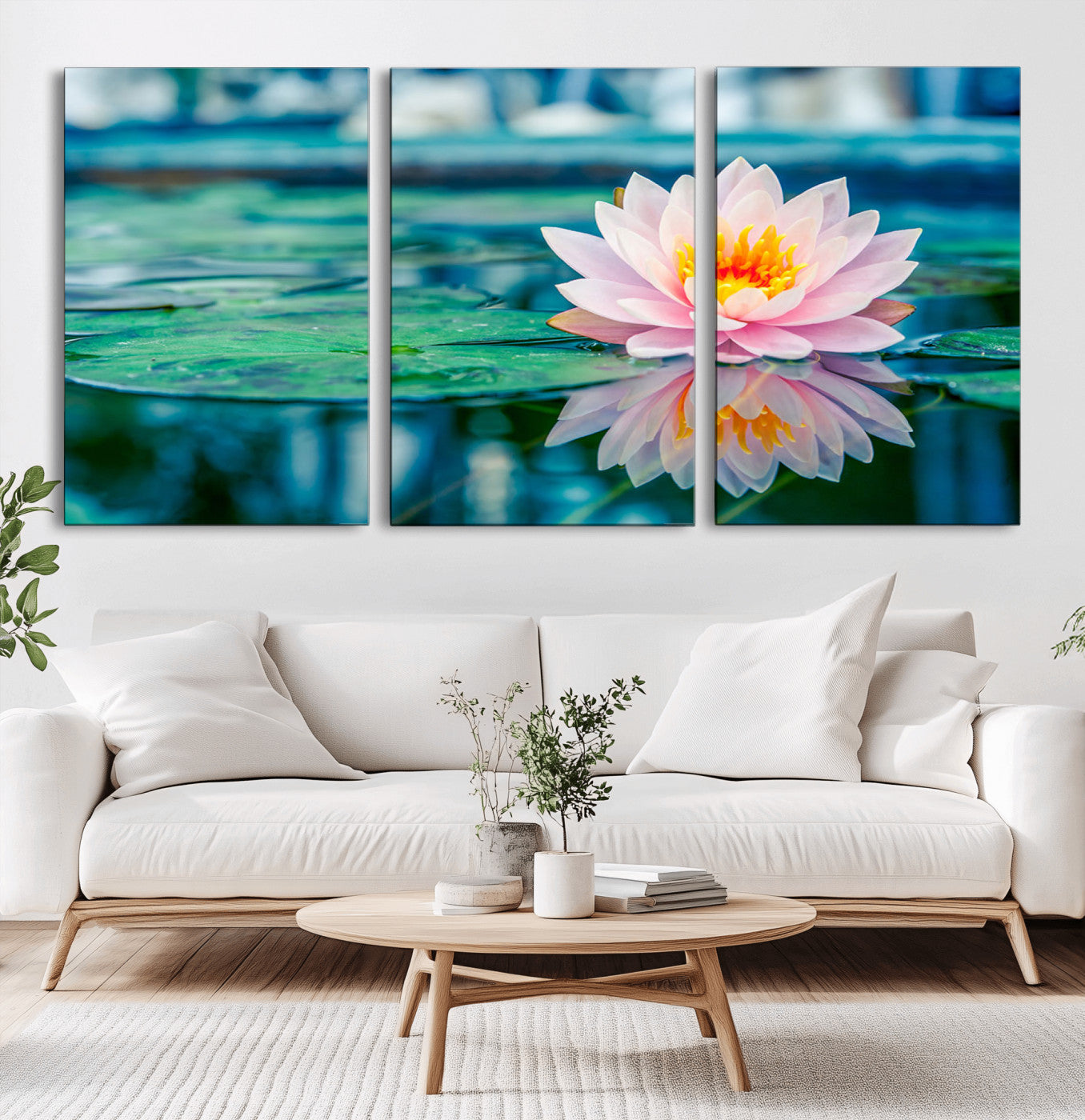 30320-MGV-CV-36X24-Pink Water Lily Wall Art – Lotus Flower Canvas Print with Reflection Water, Peaceful Botanical Artwork for Living Room, Bedroom,