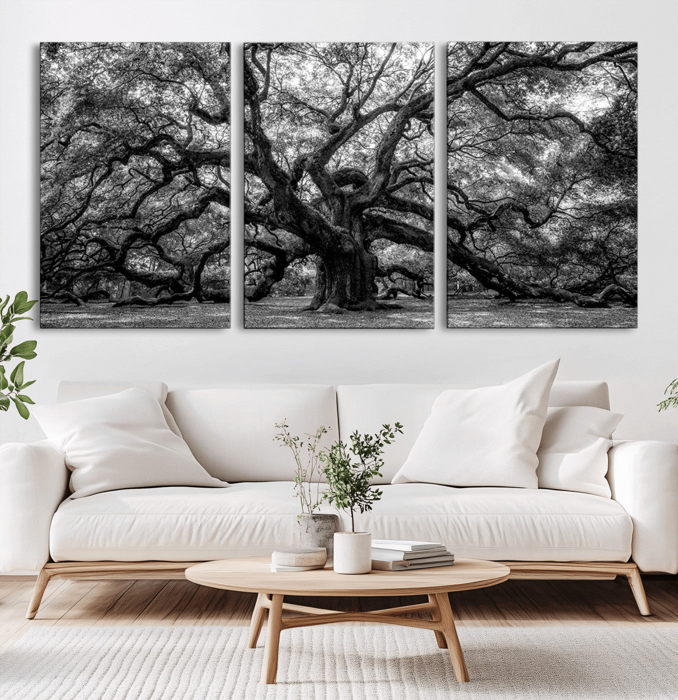 132944706-MGV-CV-36X24-Ancient Tree Wall Art – Black and White Photography Canvas Print Featuring Majestic Twisting Branches, Rustic Nature Artwork for