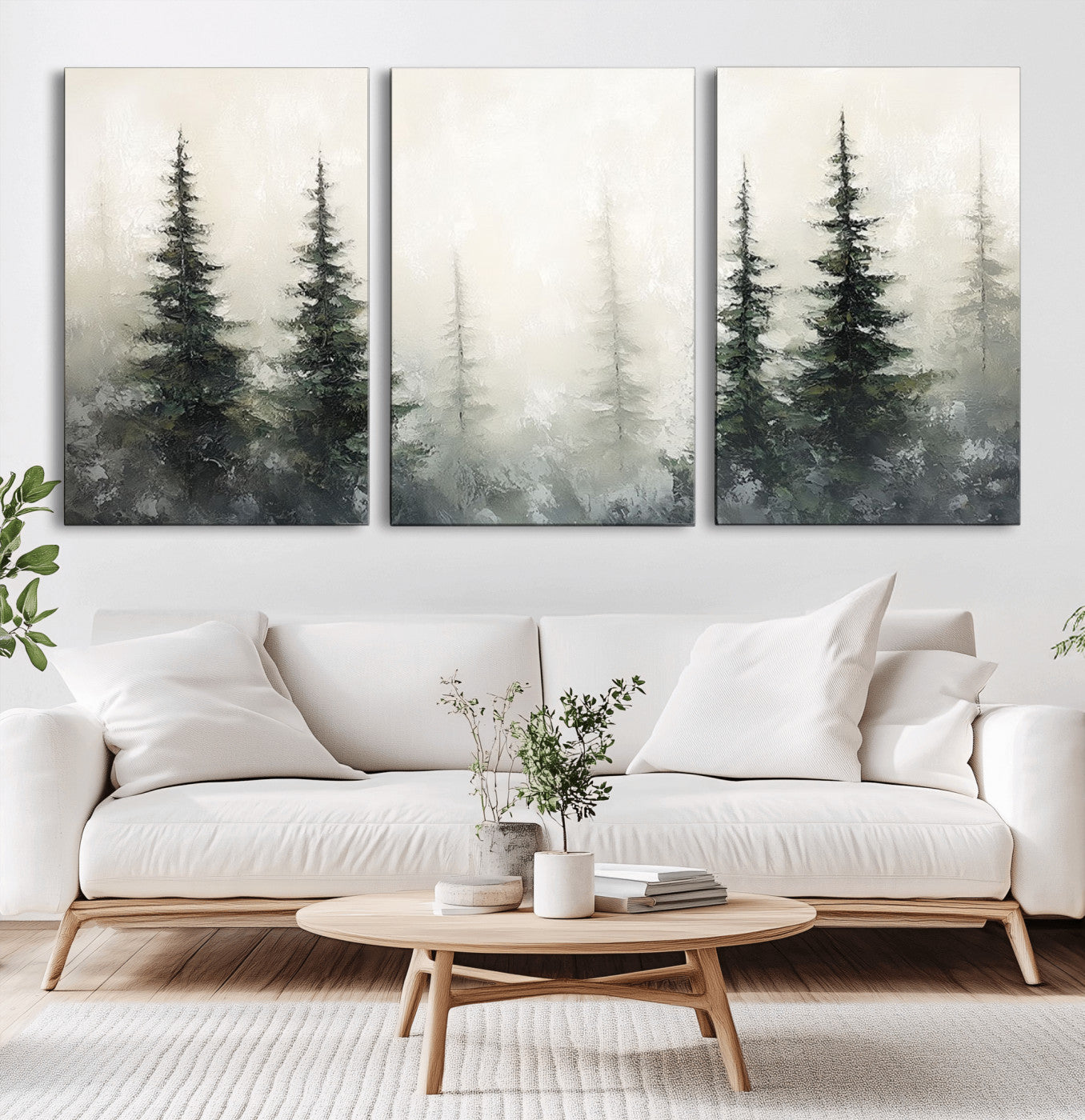 33241-MGV-CV-60X30-3P-Misty Forest Wall Art Canvas Print, Framed Foggy Pines Art Picture Print, Forest Haze Perfect Rustic Minimalist Decor Artwork