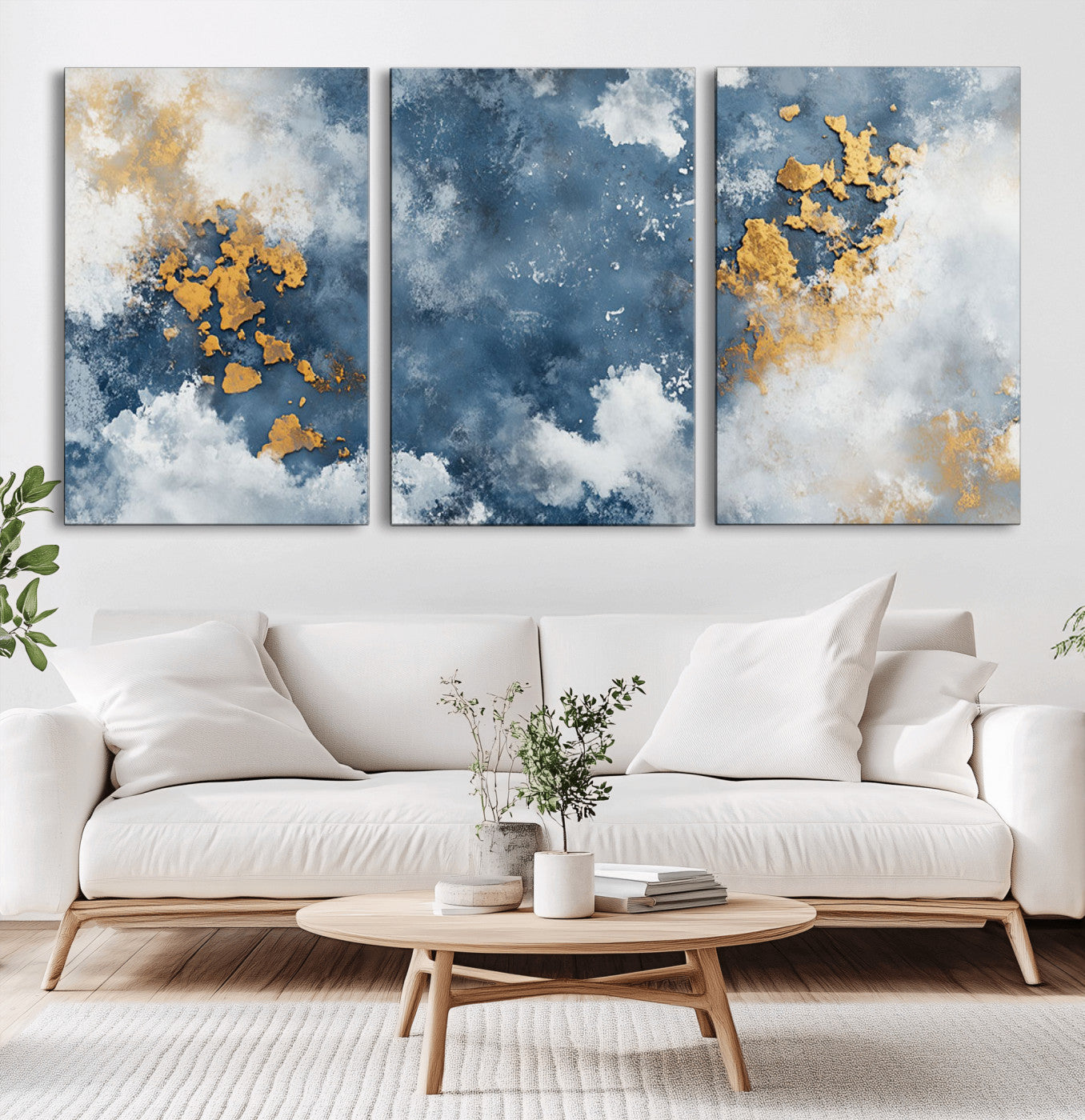 39575-MGV-CV-36X24-Blue and Gold Abstract Wall Art – Modern Canvas Print Featuring Cloudy Textures with Metallic Accents, Contemporary Artwork for