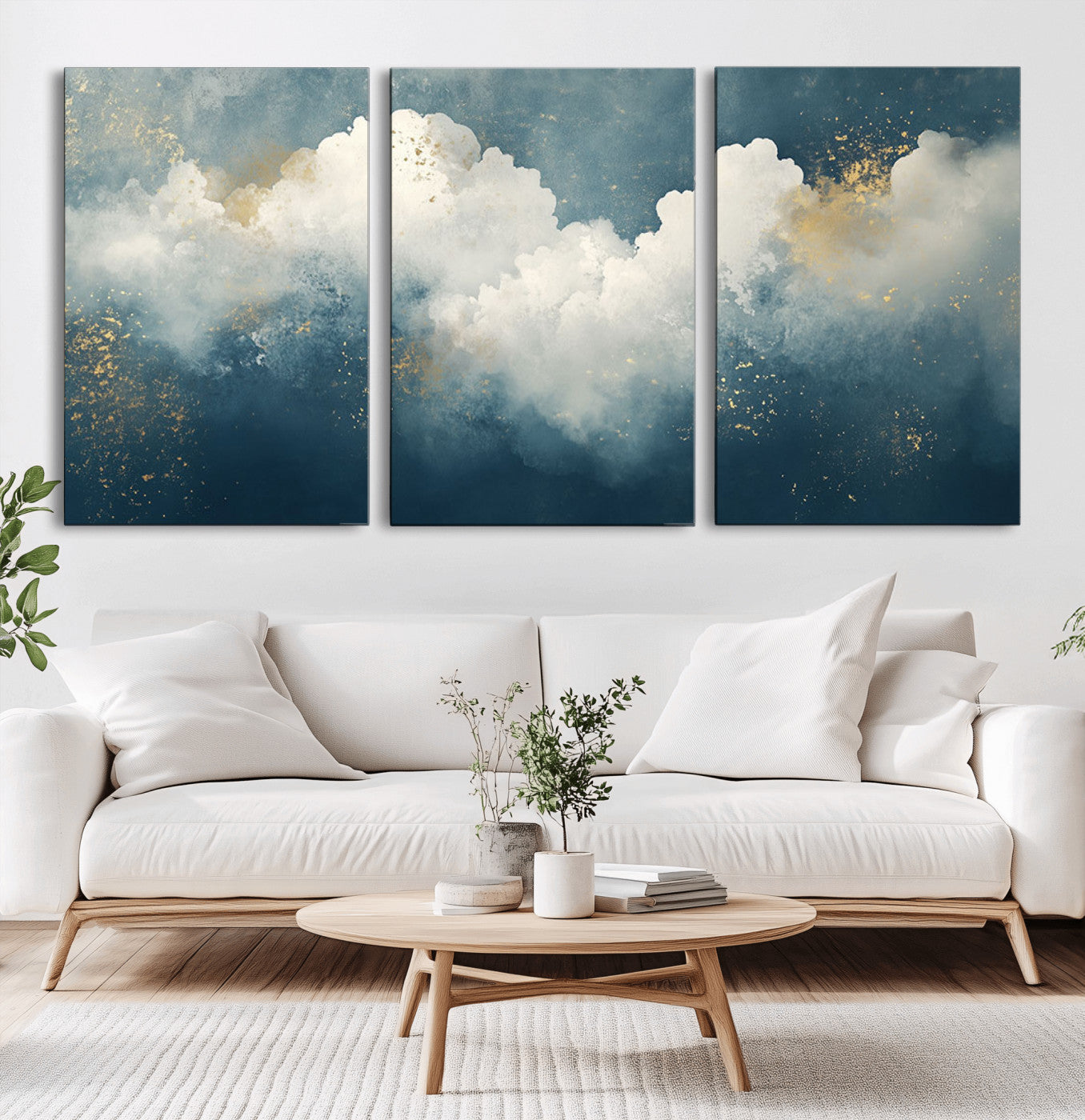 75131-MGV-CV-36X24-Abstract Cloud Wall Art – Modern Canvas Print Featuring Blue and White Clouds with Golden Accents, Contemporary Artwork for Living