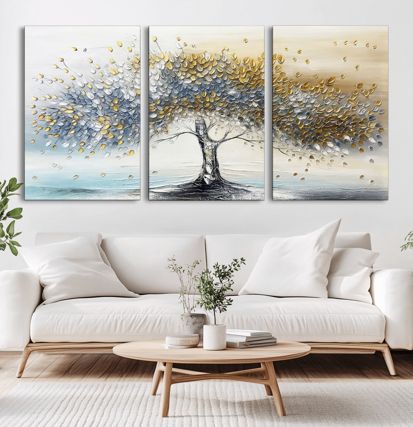24771-MGV-CV-36X24-Silver Tree Wall Art Canvas Print, Framed Golden Leaves Art Picture Print, Metallic Tree Perfect Minimalist Luxury Decor Artwork