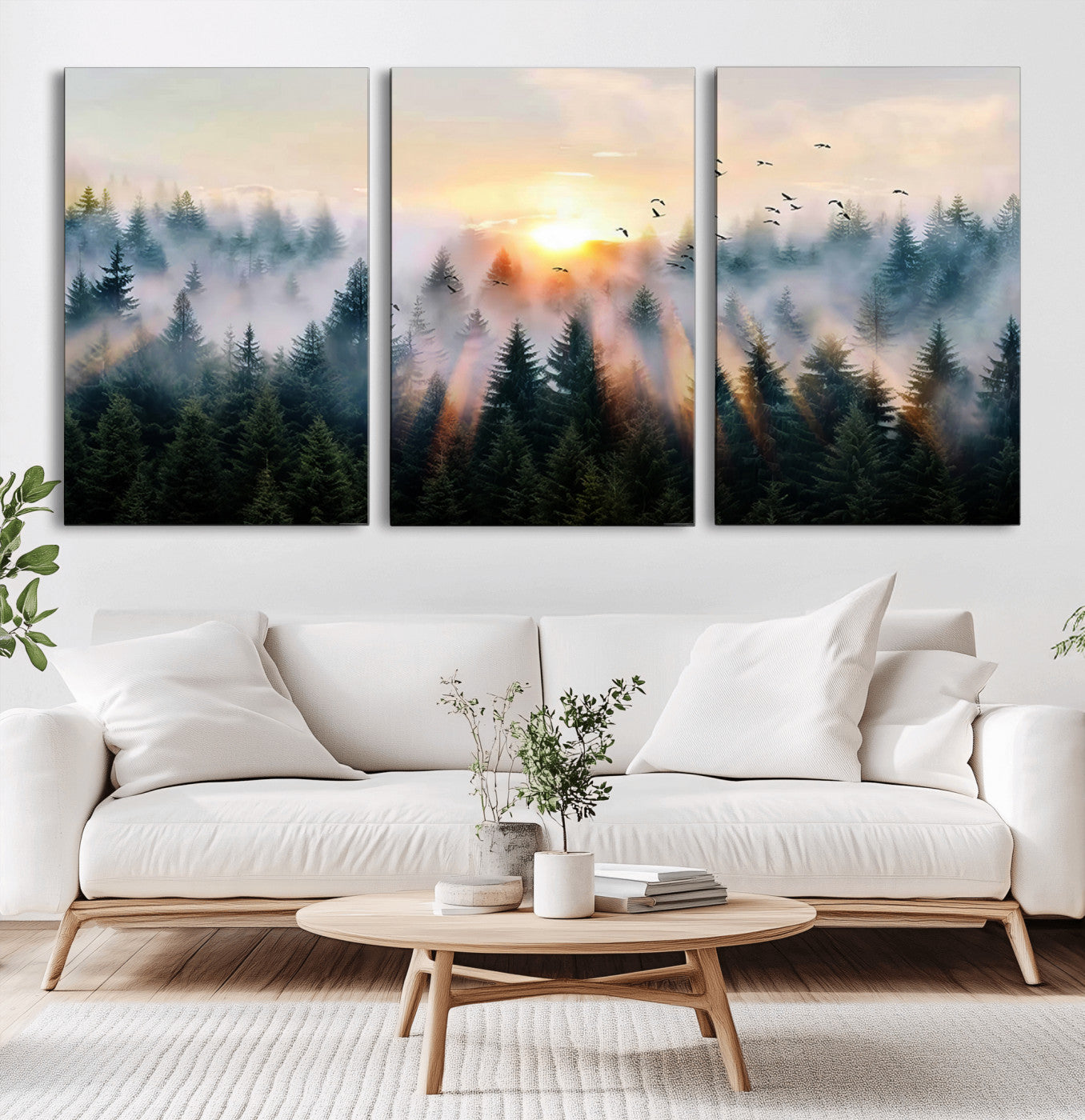 56391411-MGV-CV-36X24-Misty Forest Wall Art Canvas Print, Framed Sunrise Pines Art Picture Print, Moody Pines Perfect Serene Woodland Decor Artwork