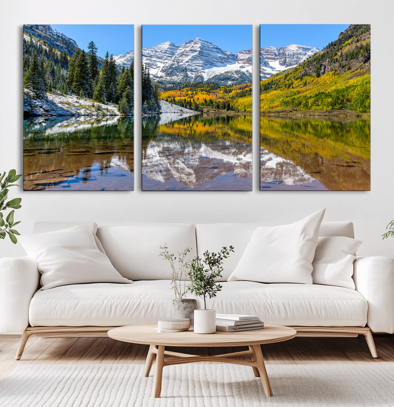 87724099-MGV-CV-36X24-Maroon Bells Wall Art Canvas Print, Framed Snowy Mountains Art Picture Print, Pine Forest Perfect Vibrant Alpine Decor Artwork