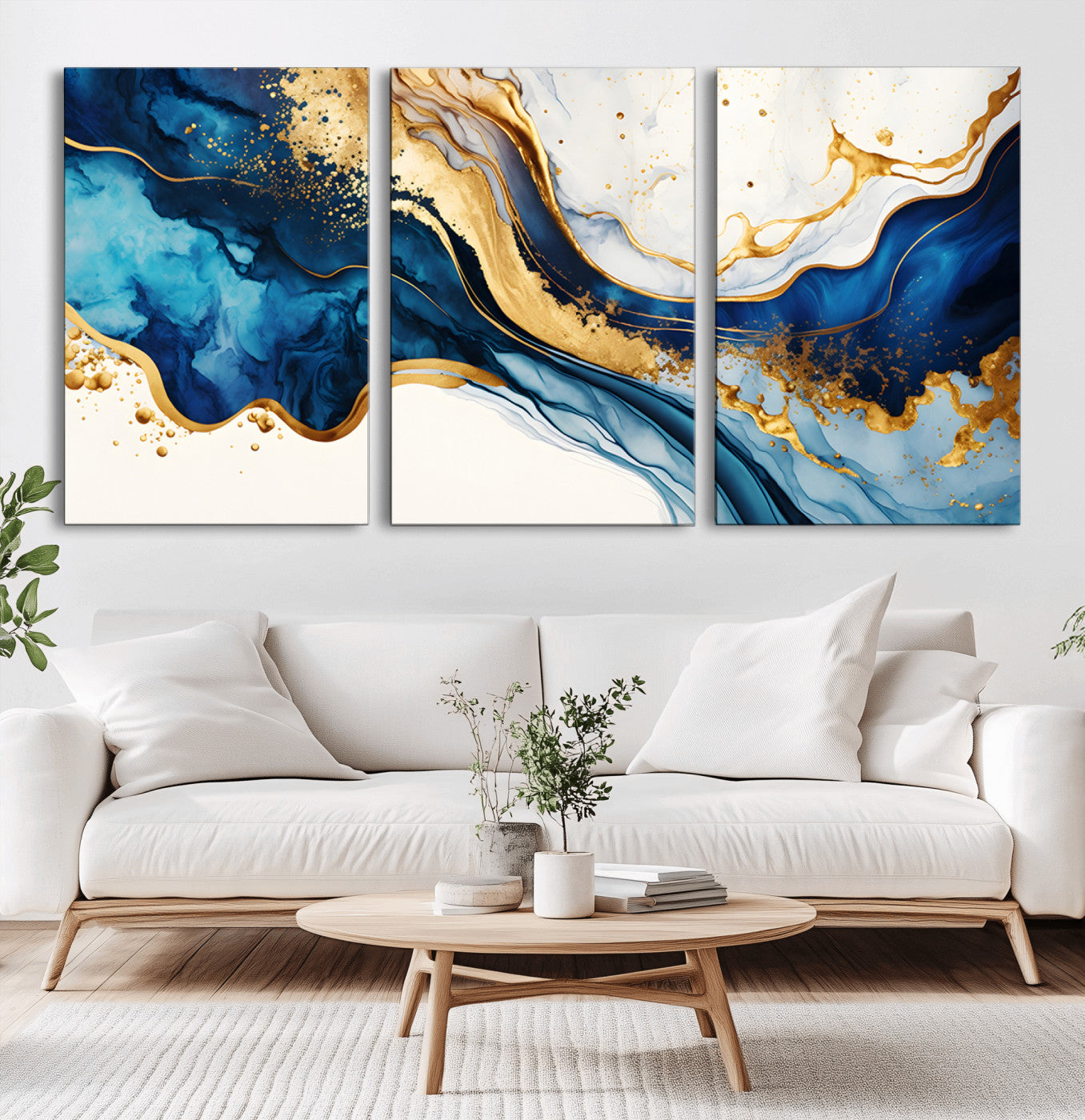 60283636-MGV-CV-36X24-Blue Gold Flow Wall Art Canvas Print, Framed Marble Texture Art Picture Print, Elegant Splash Perfect Elegant Abstract Decor