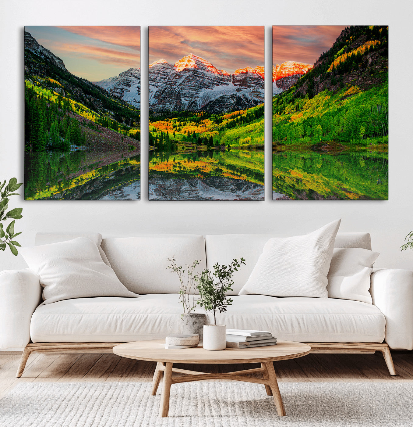 59533484-MGV-CV-36X24-Maroon Bells Autumn Wall Art – Panoramic Mountain Landscape Canvas Print, Sunset Reflection Nature Artwork for Living Room, Office