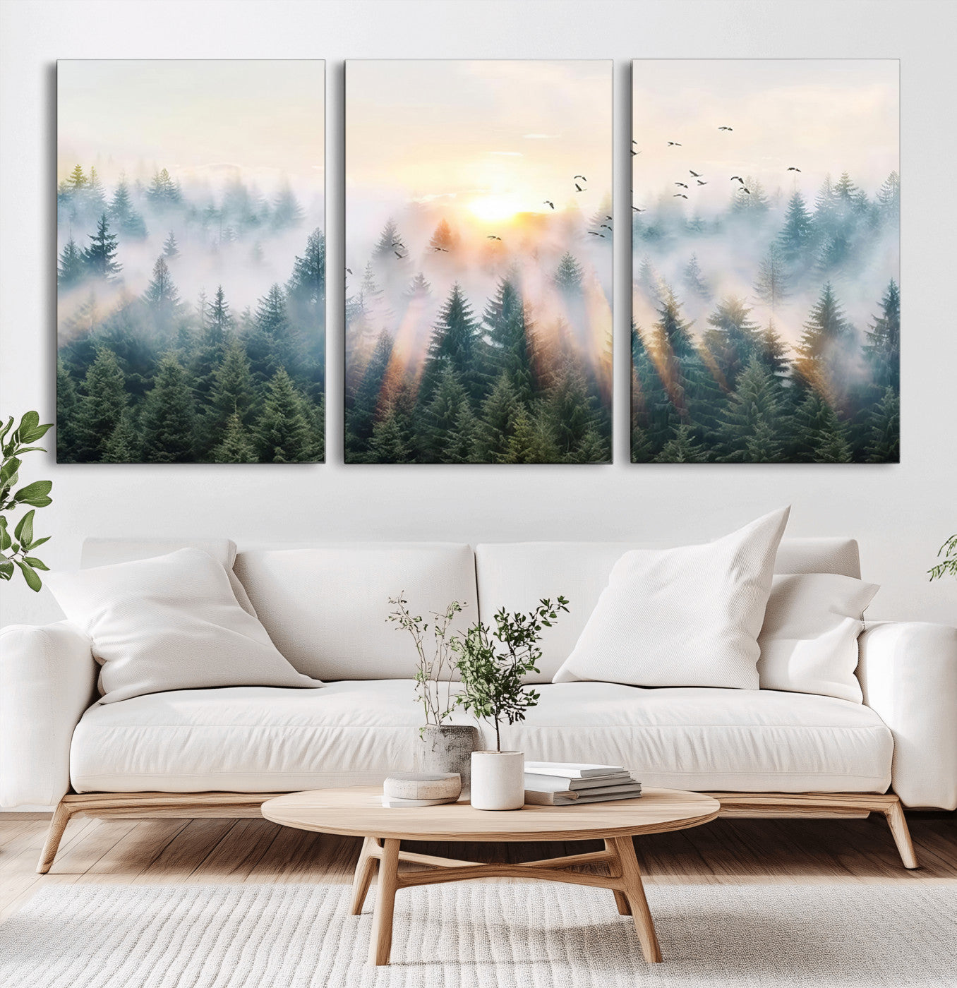 92718976-MGV-CV-36X24-Misty Forest Wall Art Canvas Print, Framed Sunrise Pines Art Picture Print, Foggy Woodland Perfect Moody Woodland Decor Artwork