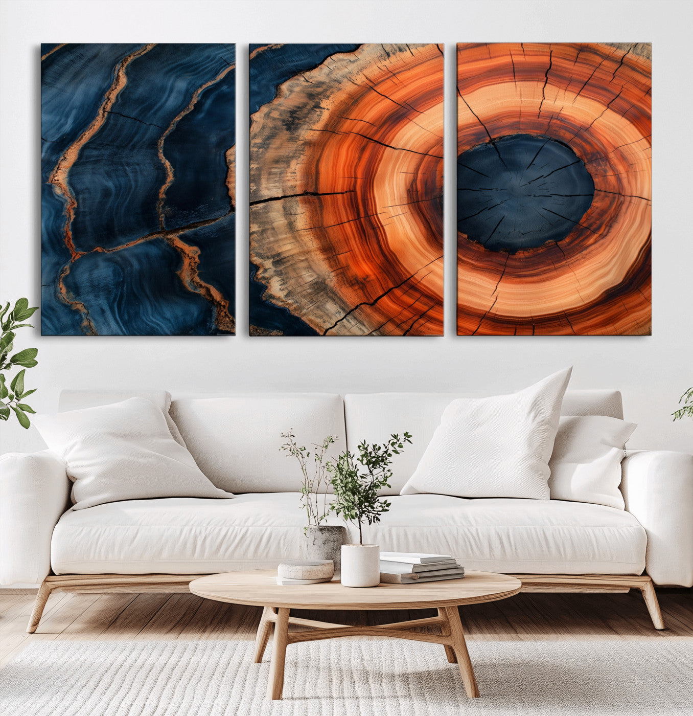 41123192-MGV-CV-36X24-Tree Ring Canvas Wall Art – Abstract Blue Orange Wood Grain Print, Rustic Modern Nature Artwork for Living Room, Bedroom, Office