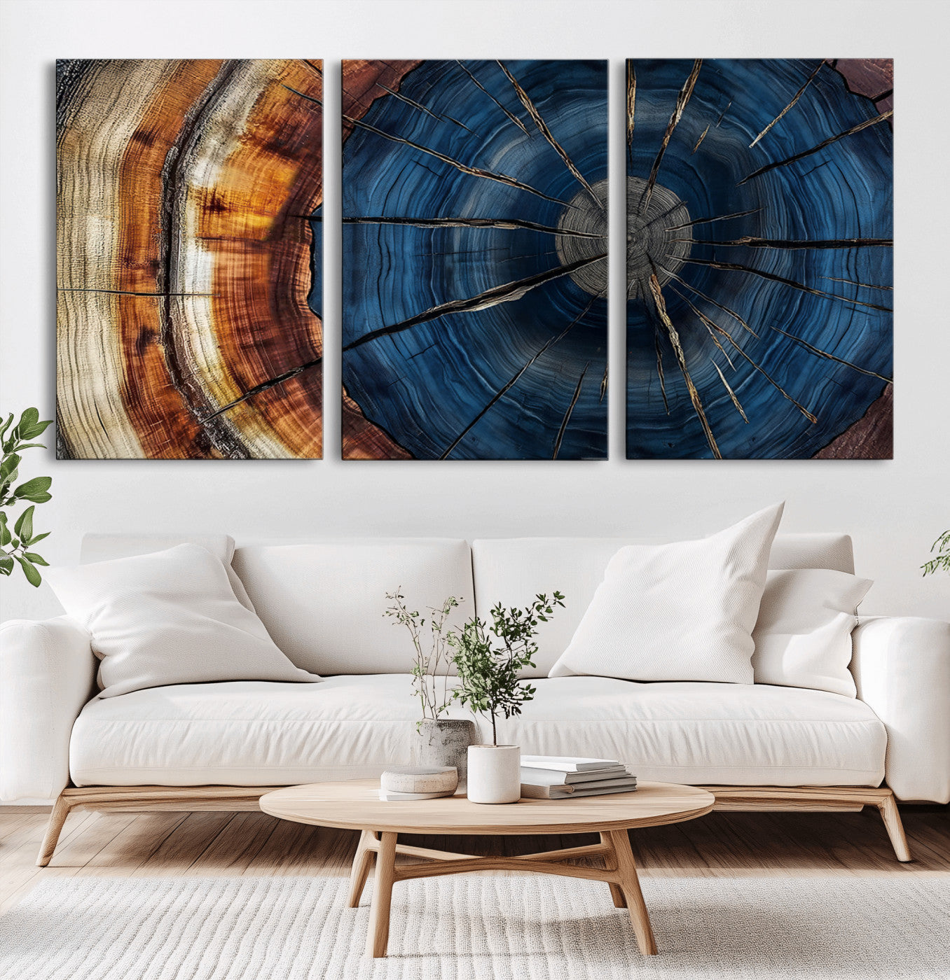 60099360-MGV-CV-36X24-Blue Tree Ring Wall Art – Rustic Wood Grain Canvas Print, Modern Abstract Artwork with Natural Texture for Living Room, Bedroom,