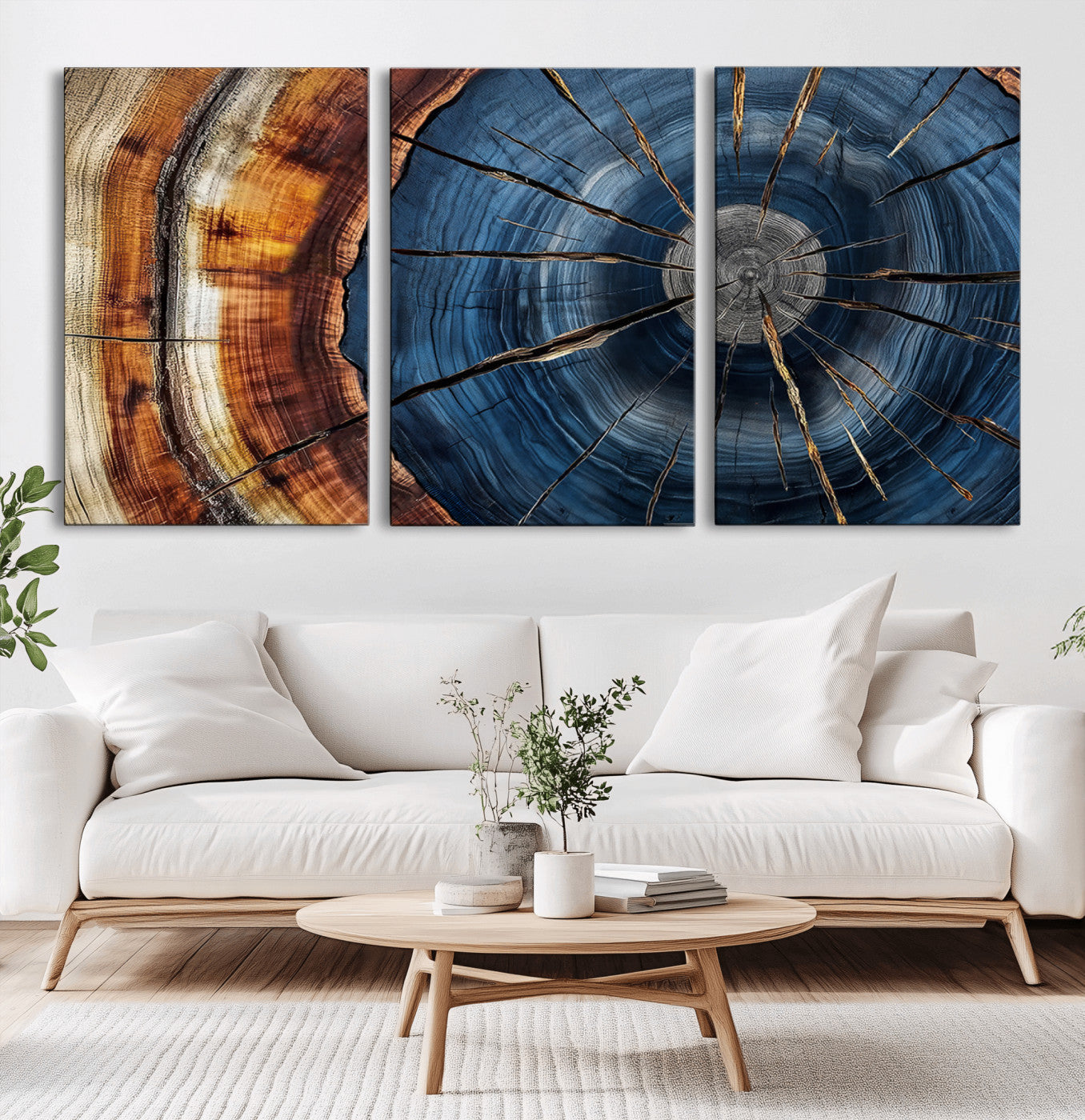 45268471-MGV-CV-36X24-Blue Tree Ring Wall Art – Rustic Wood Cross Section Canvas Print, Modern Abstract Nature Decor for Living Room, Office, or Cabin
