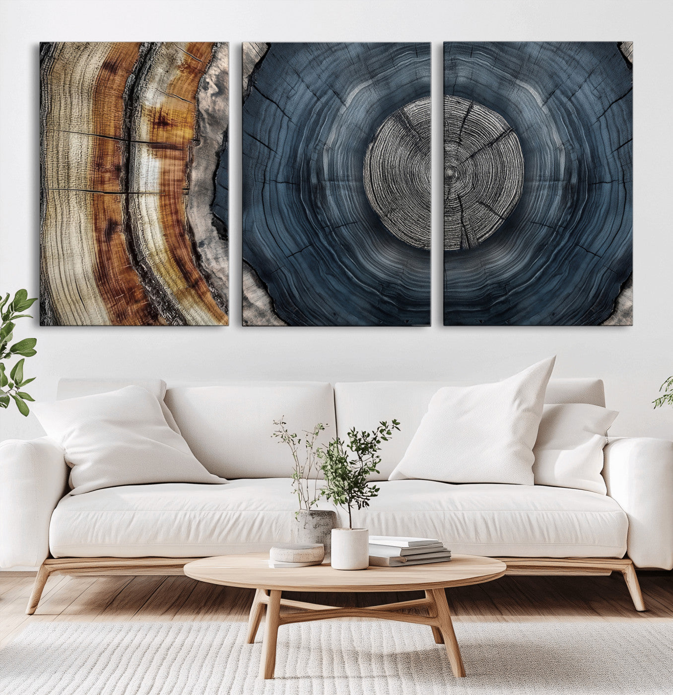 91368647-MGV-CV-36X24-Smoky Blue Tree Ring Wall Art – Rustic Wood Cross Section Canvas Print, Modern Nature Inspired Decor for Living Room, Office, or