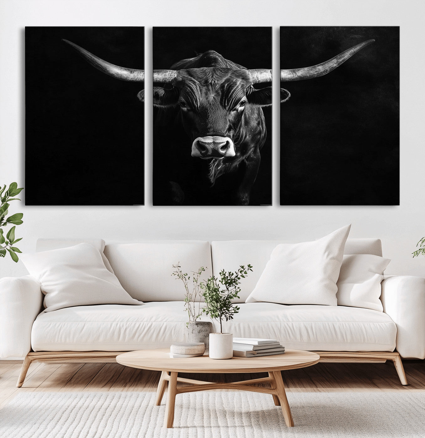 42077175-MGV-CV-36X24-Texas Longhorn Wall Art Canvas Print, Framed Monochrome Bull Art Picture Print, Horned Bull Perfect Rustic Western Decor Artwork