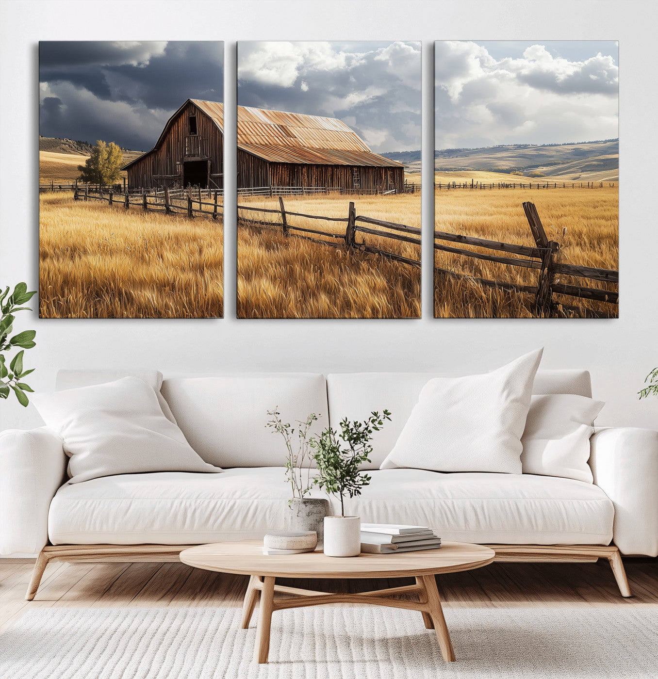 38758826-MGV-CV-36X24-Rustic Barn Wall Art Canvas Print, Framed Moody Barn Art Picture Print, Golden Field Perfect Rustic Farmhouse Decor Artwork