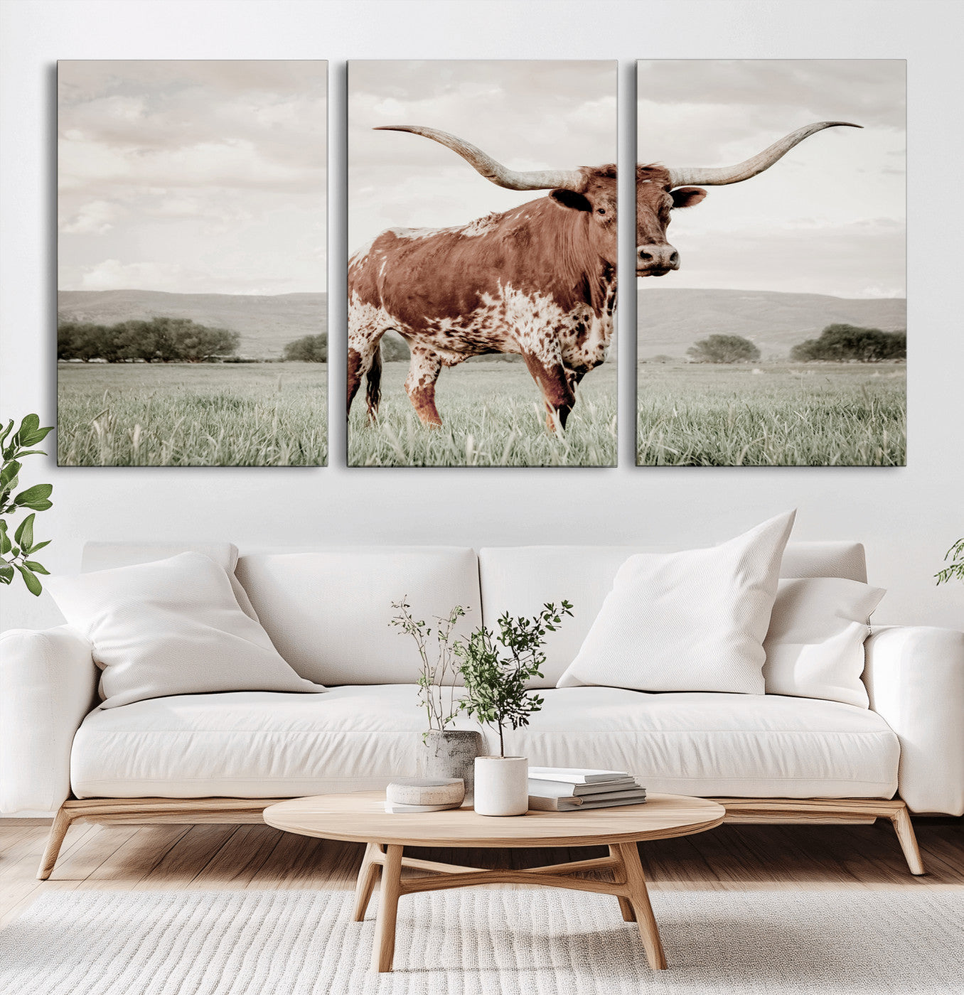 28309012-MGV-CV-36X24-Texas Longhorn Wall Art Canvas Print, Framed Spotted Cattle Art Picture Print, Horned Bull Perfect Rustic Western Decor Artwork