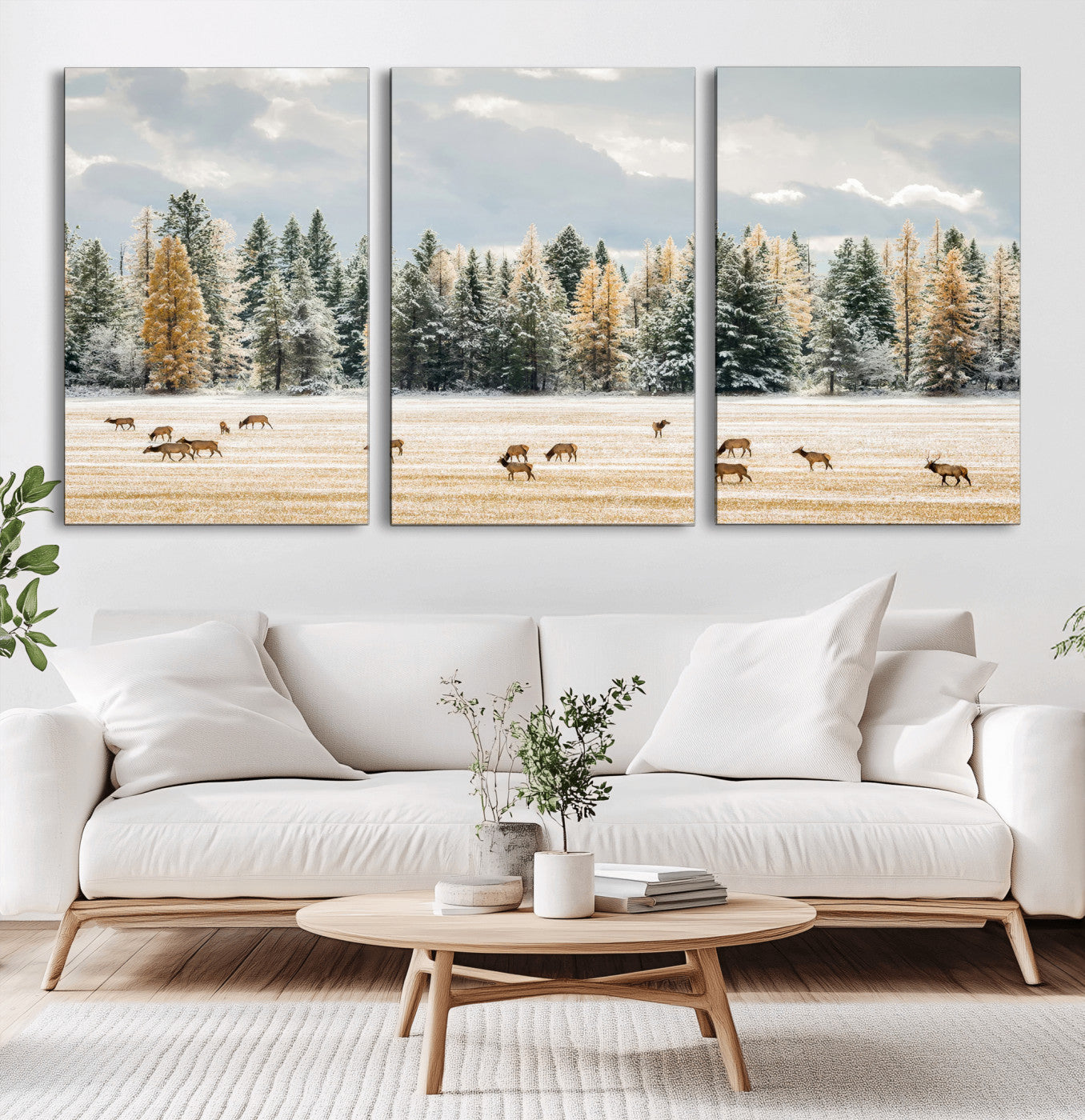 64188182-MGV-CV-36X24-Elk Herd Wall Art Canvas Print, Framed Snowy Forest Art Picture Print, Forest Elks Perfect Neutral Rustic Decor Artwork