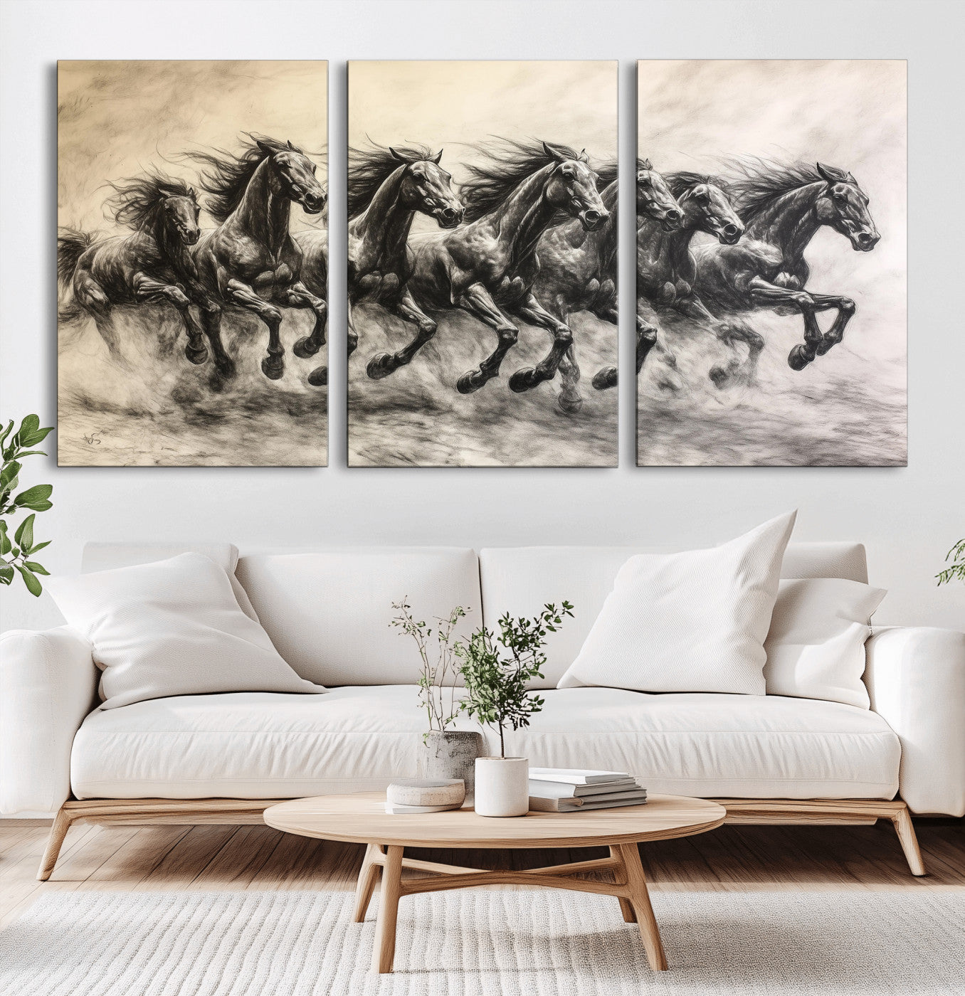 56089591-MGV-CV-60X30-3P-Galloping Horses Wall Art Canvas Print, Framed Wild Stallions Art Picture Print, Horse Herd Sketch Perfect Monochrome Dynamic