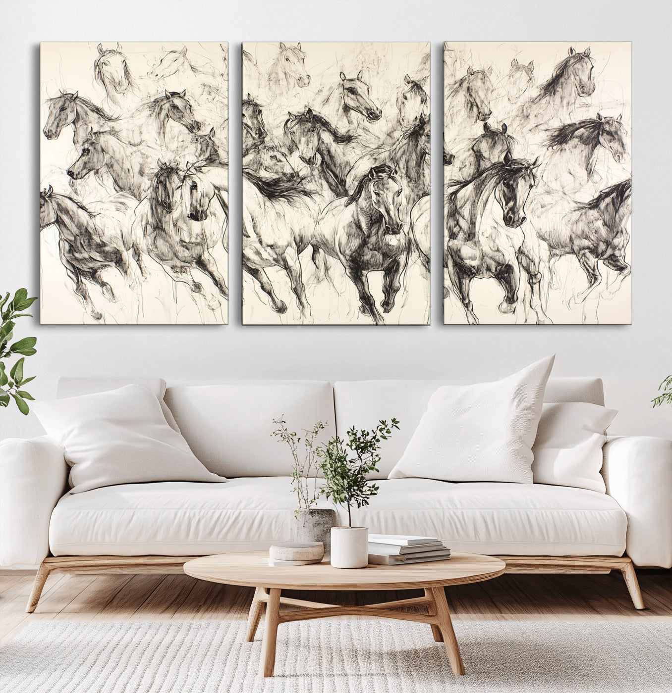 19433417-MGV-CV-36X24-Running Horses Wall Art Canvas Print, Framed Horse Sketch Art Picture Print, Galloping Herd Perfect Monochrome Western Decor