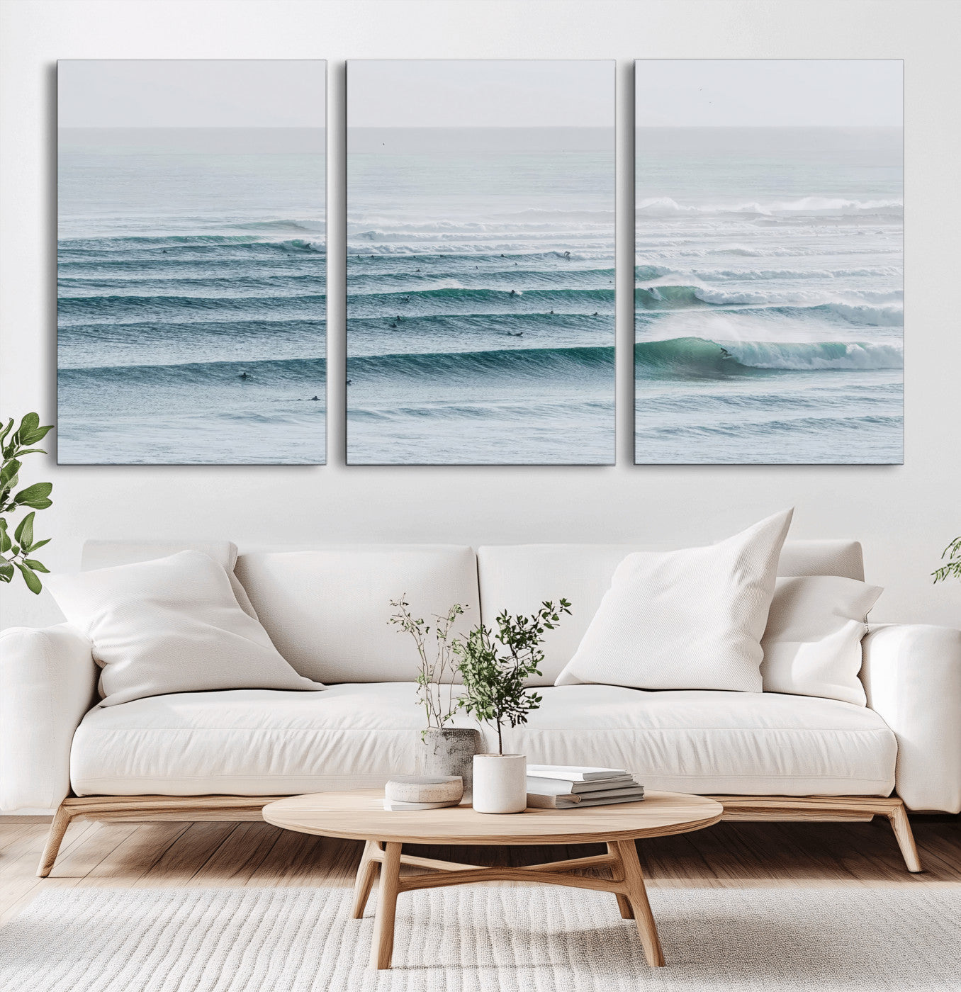 73969318-MGV-CV-36X24-Ocean Waves Wall Art Canvas Print, Framed Surfer Lineup Art Picture Print, Crowded Ocean Perfect Minimal Coastal Decor Artwork