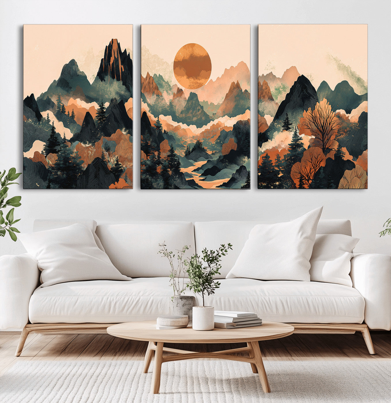 13012770-MGV-CV-36X24-Mountain Landscape Wall Art – Modern Nature Canvas Print with Sun, Misty Peaks, and Forest in Orange and Green Tones for Living