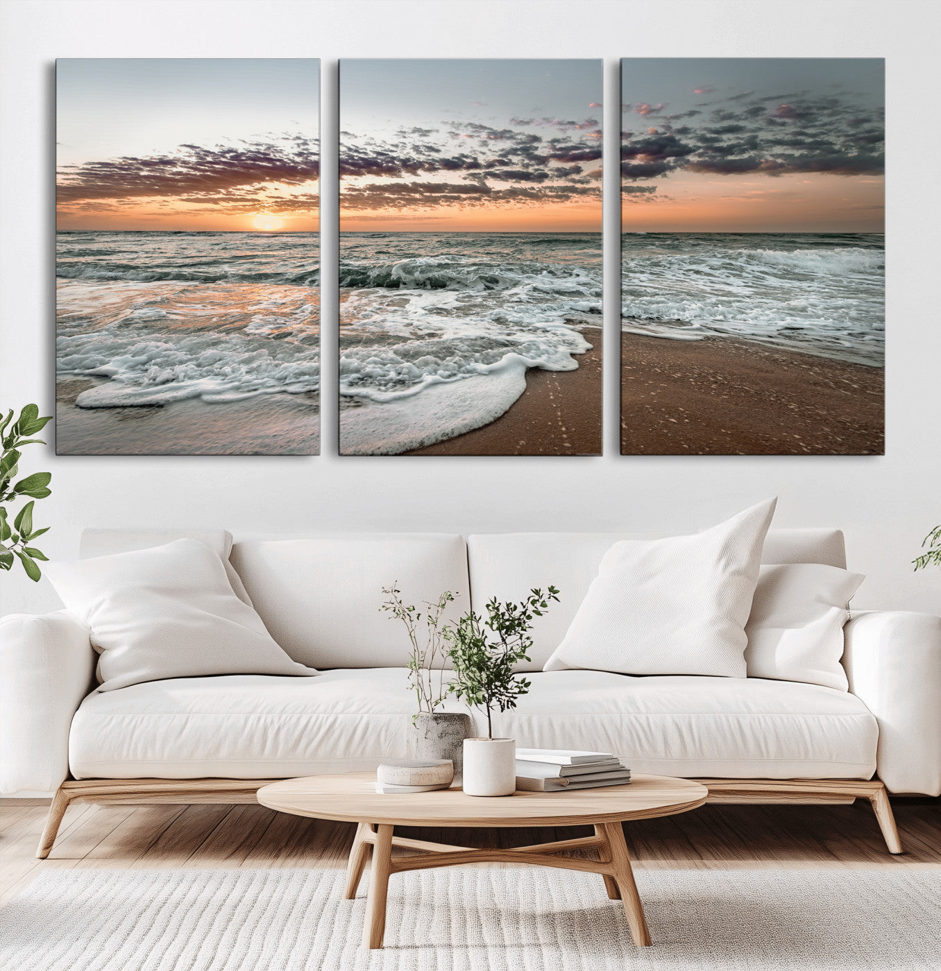 40632752-MGV-CV-60X30-3P-Ocean Sunset Wall Art Canvas Print, Framed Beach Waves Art Picture Print, Coastal Scene Perfect Coastal Decor Artwork