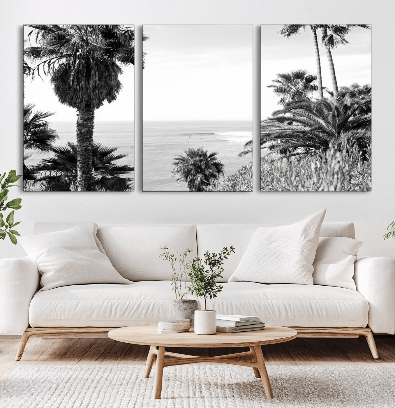 89458520-MGV-CV-60X30-3P-Palm Trees Wall Art Canvas Print, Framed Coastal View Art Picture Print, Ocean Horizon Perfect Monochrome Coast Decor Artwork