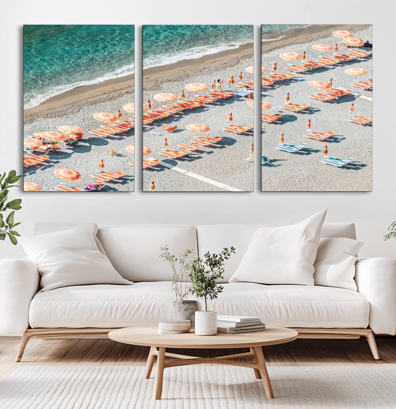 27805351-MGV-CV-36X24-Colorful Umbrellas Wall Art Canvas Print, Framed Sunny Beach Art Picture Print, Beach Lounges Perfect Mediterranean Retro Beach