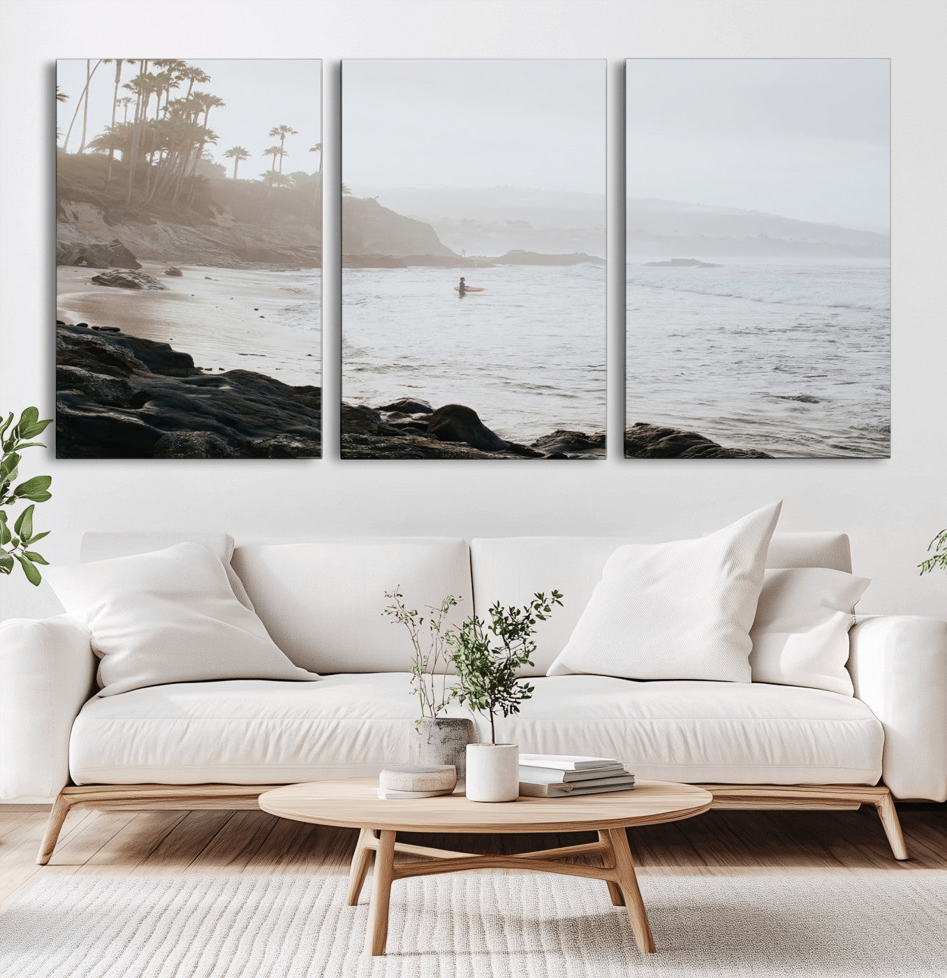 62501405-MGV-CV-60X30-3P-Misty Beach Wall Art Canvas Print, Framed California Surfer Art Picture Print, Coastal Cliff Perfect Coastal Beach Decor Artwork