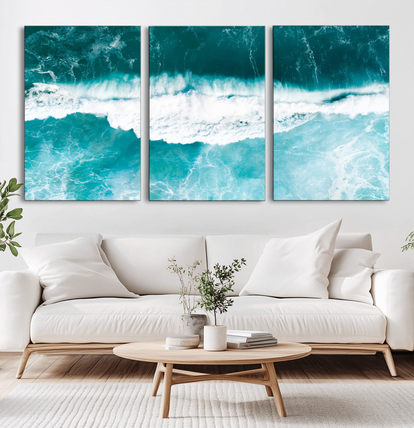 23828594-MGV-CV-60X30-3P-Aerial Waves Wall Art Canvas Print, Framed Ocean Break Art Picture Print, Sea Foam Perfect Tropical Coastal Decor Artwork