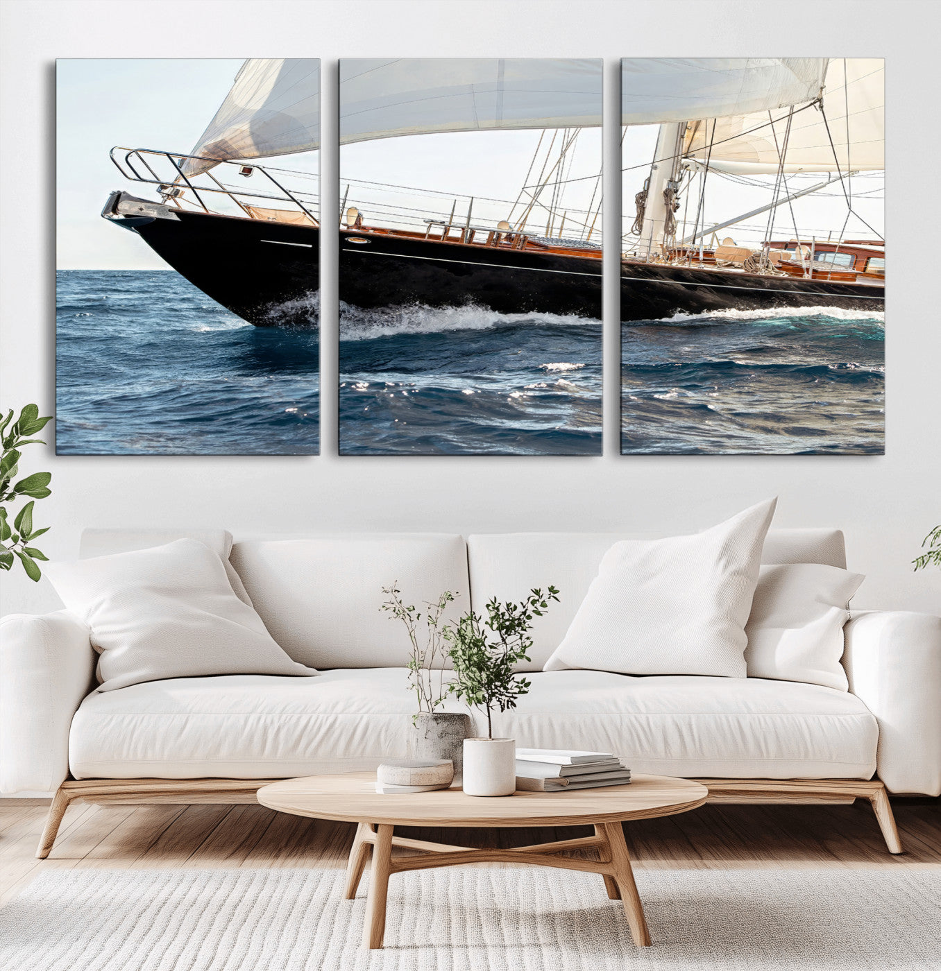 97168626-MGV-CV-36X24-Sailing Yacht Wall Art Canvas Print, Framed Wooden Yacht Art Picture Print, Ocean Waves Perfect Nautical Coastal Decor Artwork