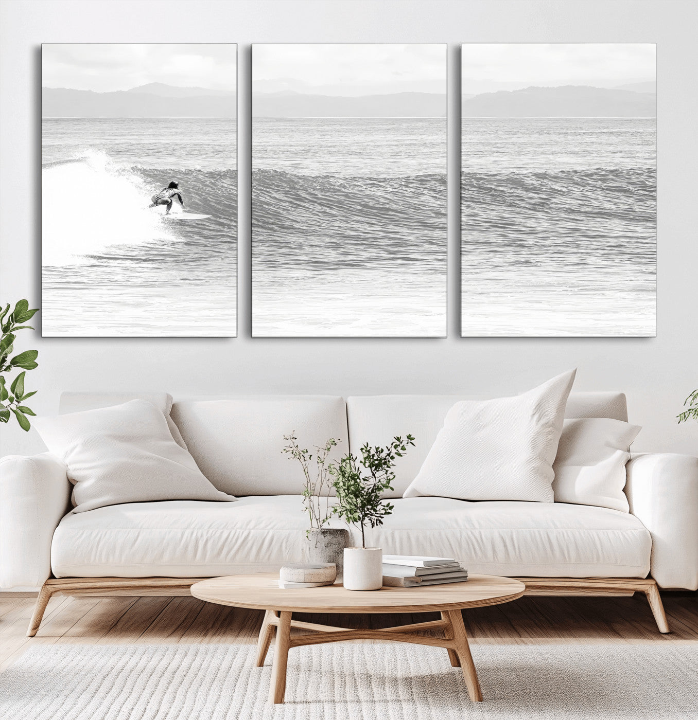 81535128-MGV-CV-60X30-3P-Surfer Woman Wall Art Canvas Print, Framed Black Ocean Art Picture Print, Ocean Surfing Perfect Monochrome Coastal Decor Artwork