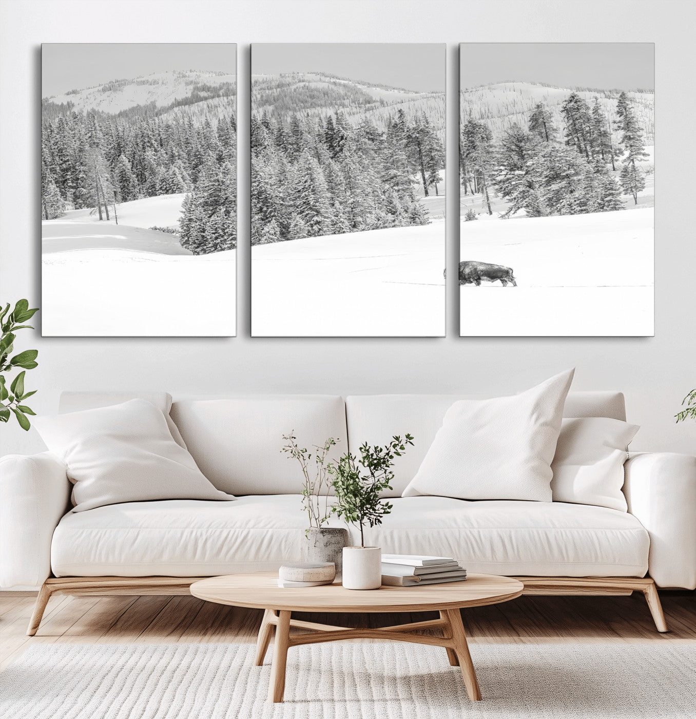 68081143-MGV-CV-36X24-Snowy Bison Wall Art Canvas Print, Framed Winter Forest Art Picture Print, Lone Bison Perfect Monochrome Winter Wild Decor Artwork