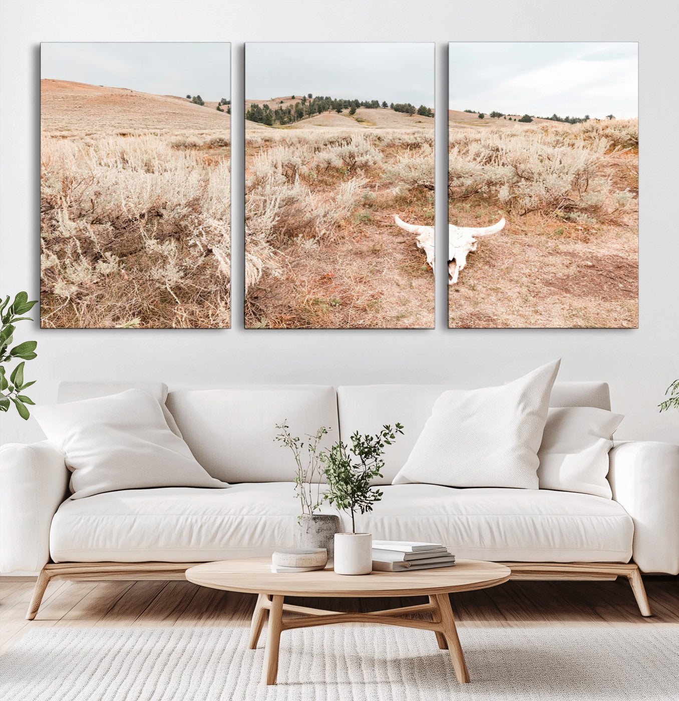 97234735-MGV-CV-60X30-3P-Rustic Bones Wall Art Canvas Print, Framed Desert Sage Art Picture Print, Prairie Skull Perfect Minimal Rustic Decor Artwork