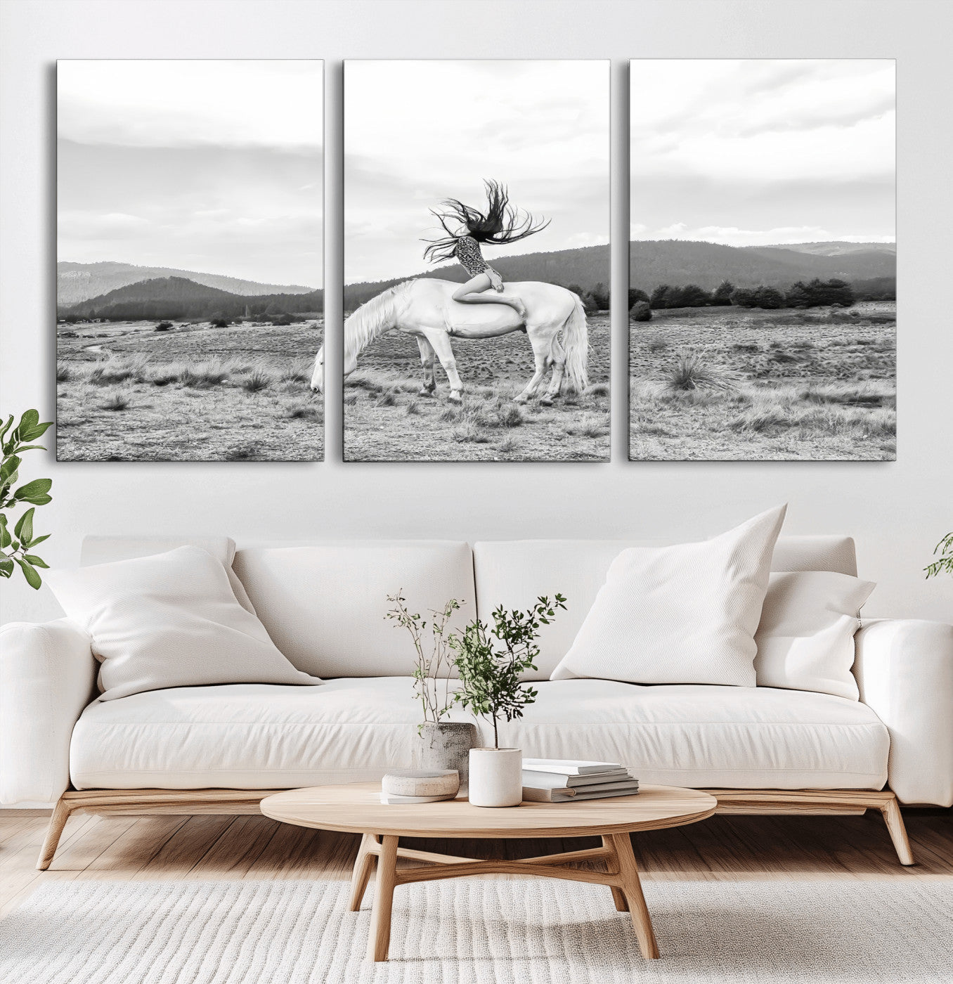62789800-MGV-CV-36X24-White Horse Wall Art Canvas Print, Framed Woman Rider Art Picture Print, Equestrian Pose Perfect Western Boho Decor Artwork