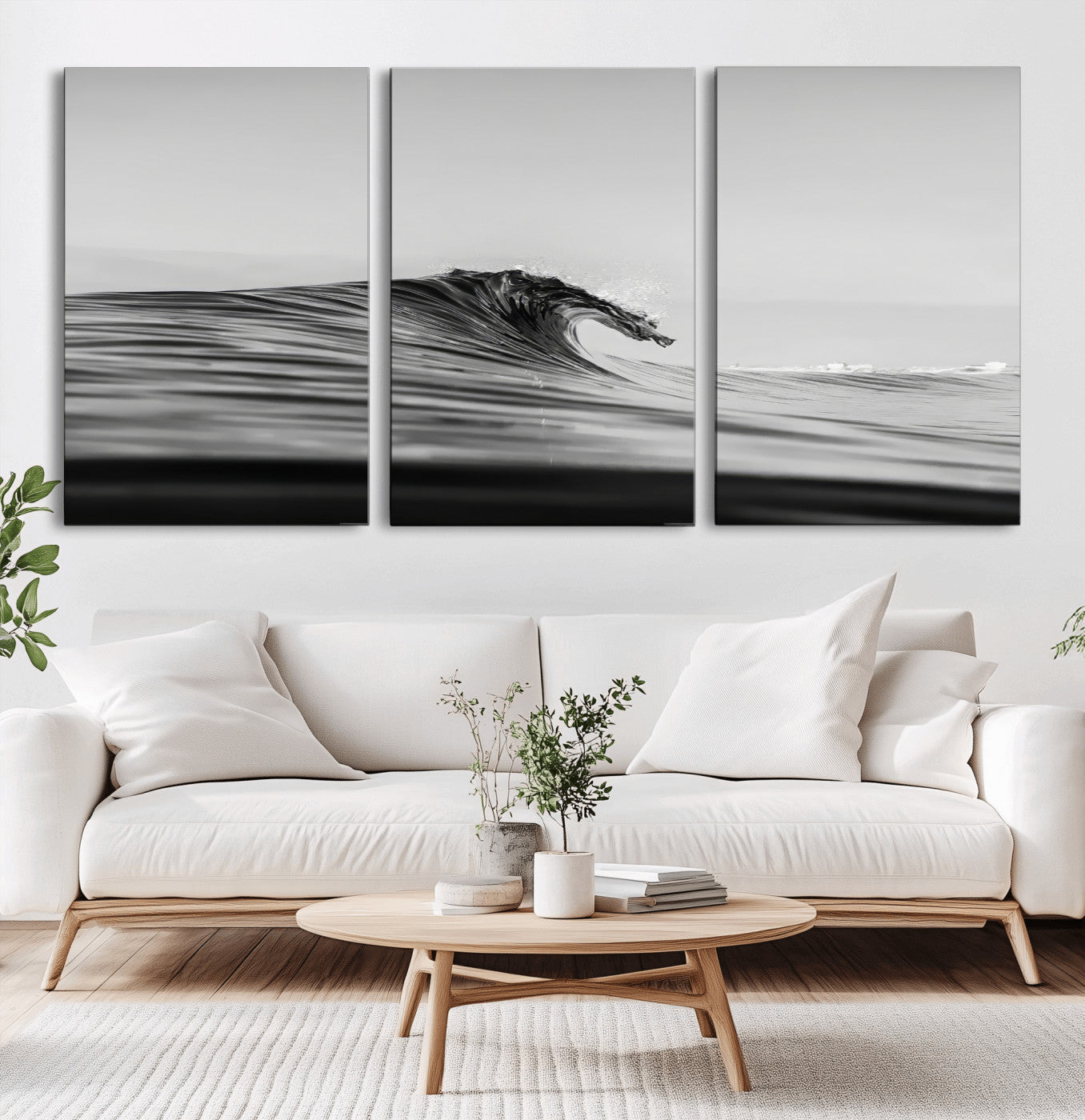 24029476-MGV-CV-60X30-3P-Black Wave Wall Art Canvas Print, Framed Abstract Surf Art Picture Print, Minimalist Ocean Perfect Minimalist Coastal Decor