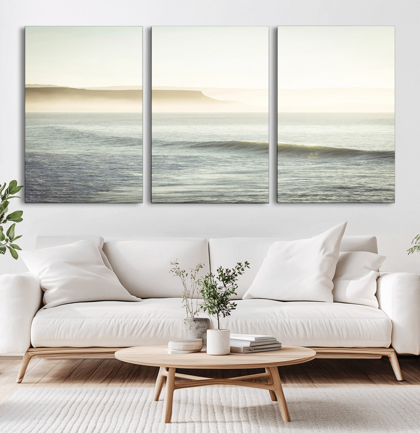 39310633-MGV-CV-60X30-3P-Coastal Cliffs Wall Art Canvas Print, Framed Misty Ocean Art Picture Print, Morning Light Perfect Minimalistic Coastal Decor