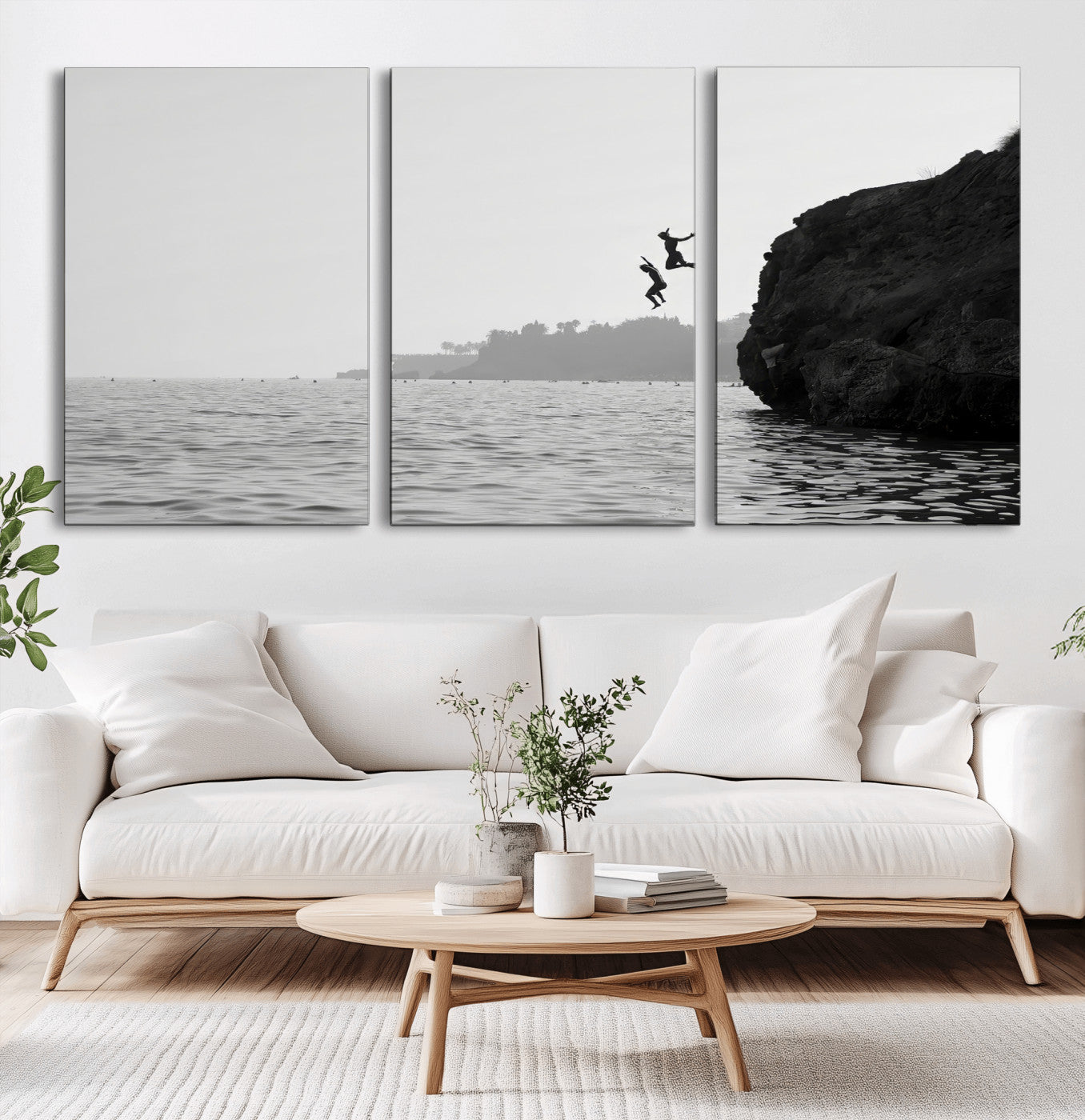 52284302-MGV-CV-60X30-3P-Cliff Jumping Wall Art Canvas Print, Framed Ocean Adventure Art Picture Print, Black White Coast Perfect Modern Coastal Decor