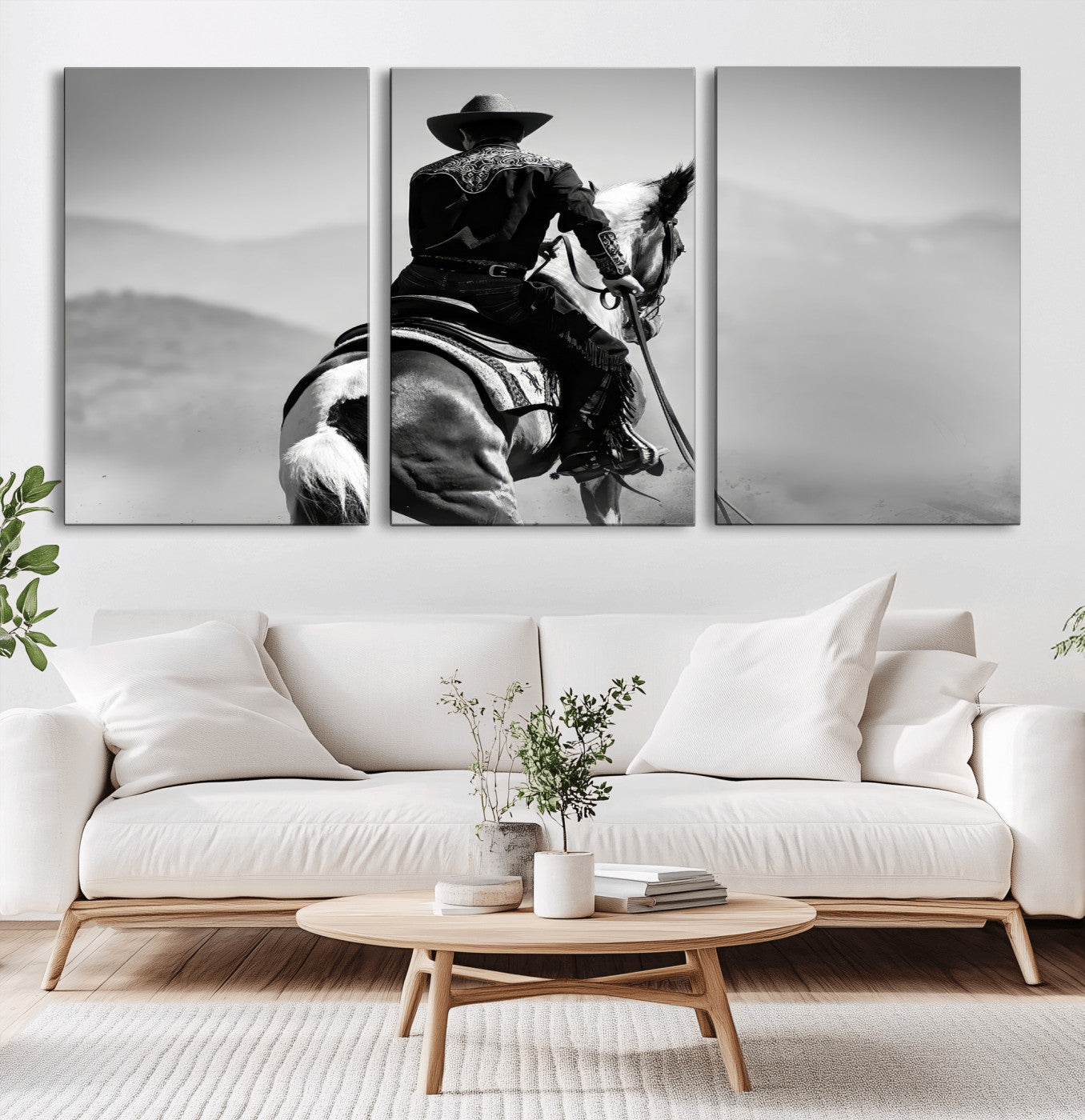 83102464-MGV-CV-36X24-Western Cowboy Wall Art Canvas Print, Framed Monochrome Horse Art Picture Print, Western Equestrian Perfect Rustic Western Decor