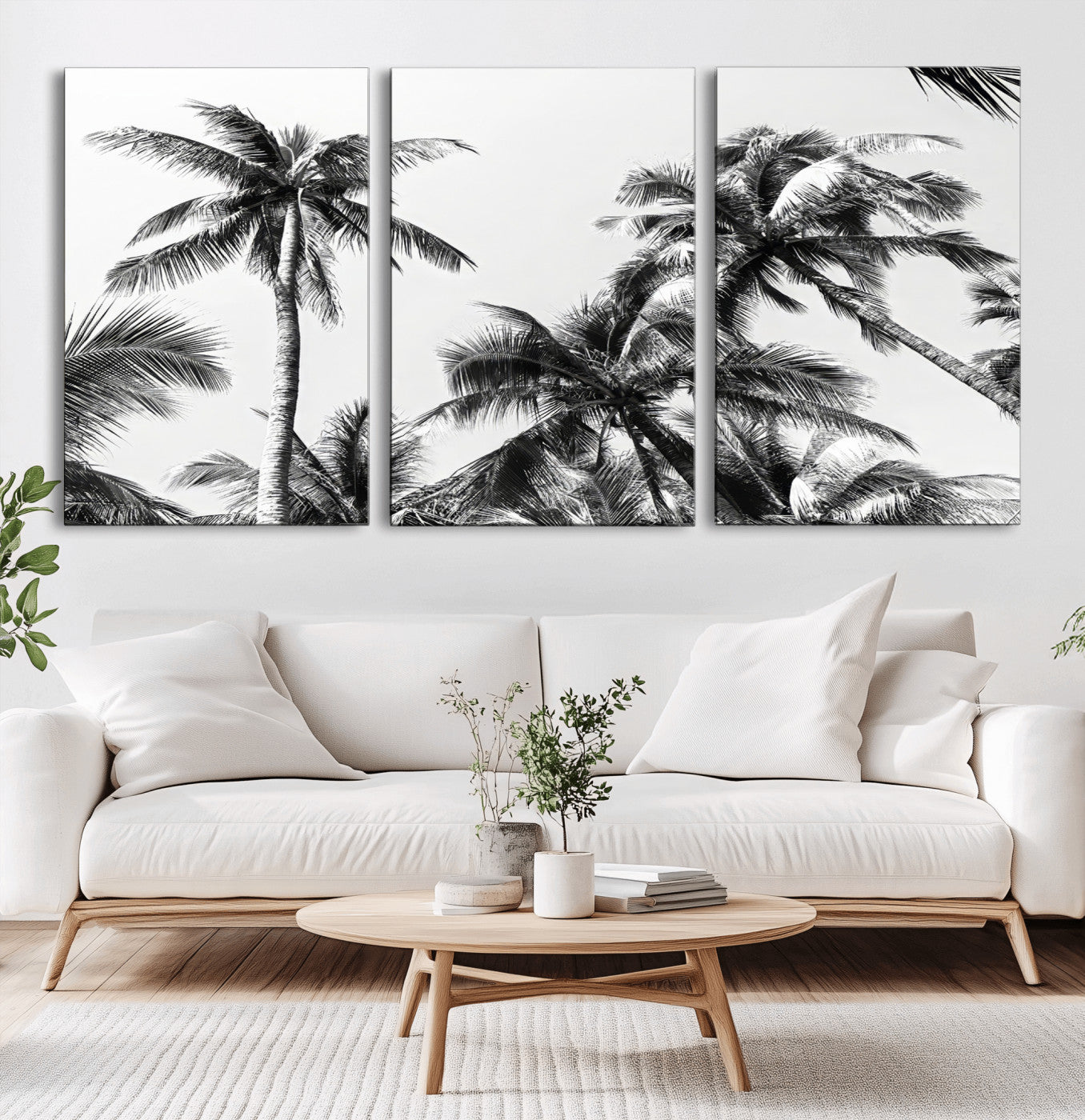 46641801-MGV-CV-60X30-3P-Palm Tree Wall Art Canvas Print, Framed Black White Tropics Art Picture Print, Monochrome Palms Perfect Modern Tropical Minimalist