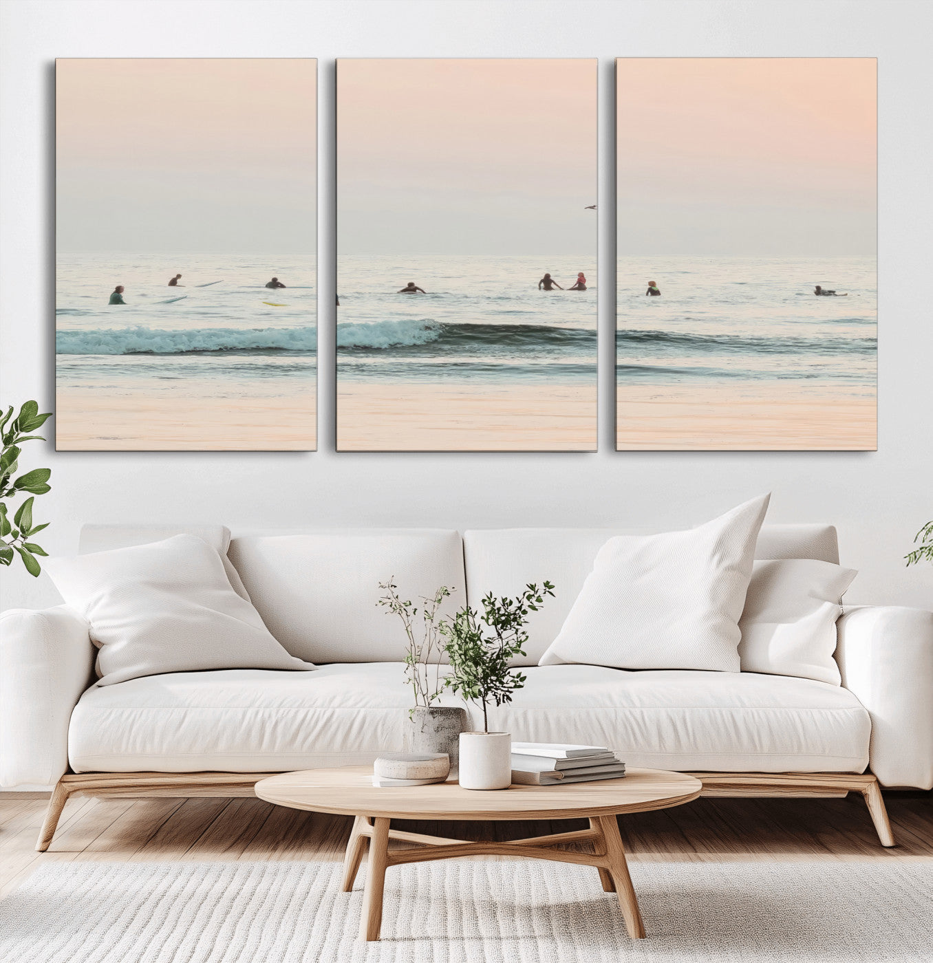 98888919-MGV-CV-60X30-3P-Pastel Ocean Wall Art Canvas Print, Framed Soft Sunset Swimming Art Picture Print, Calm Sea Horizon Perfect Soft Coastal